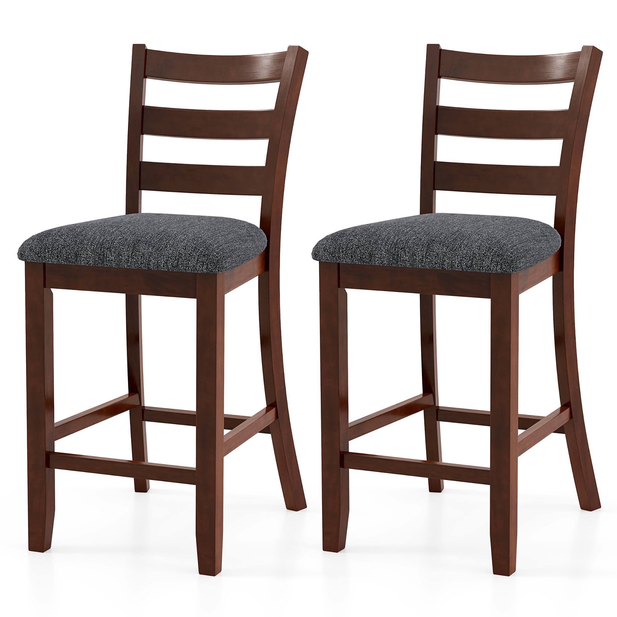 Front. Gymax - Gymax Wood Bar Stools Set of 2 Counter Height Chairs w/ Faux Leather Upholstered Seat - Espresso, Gray.