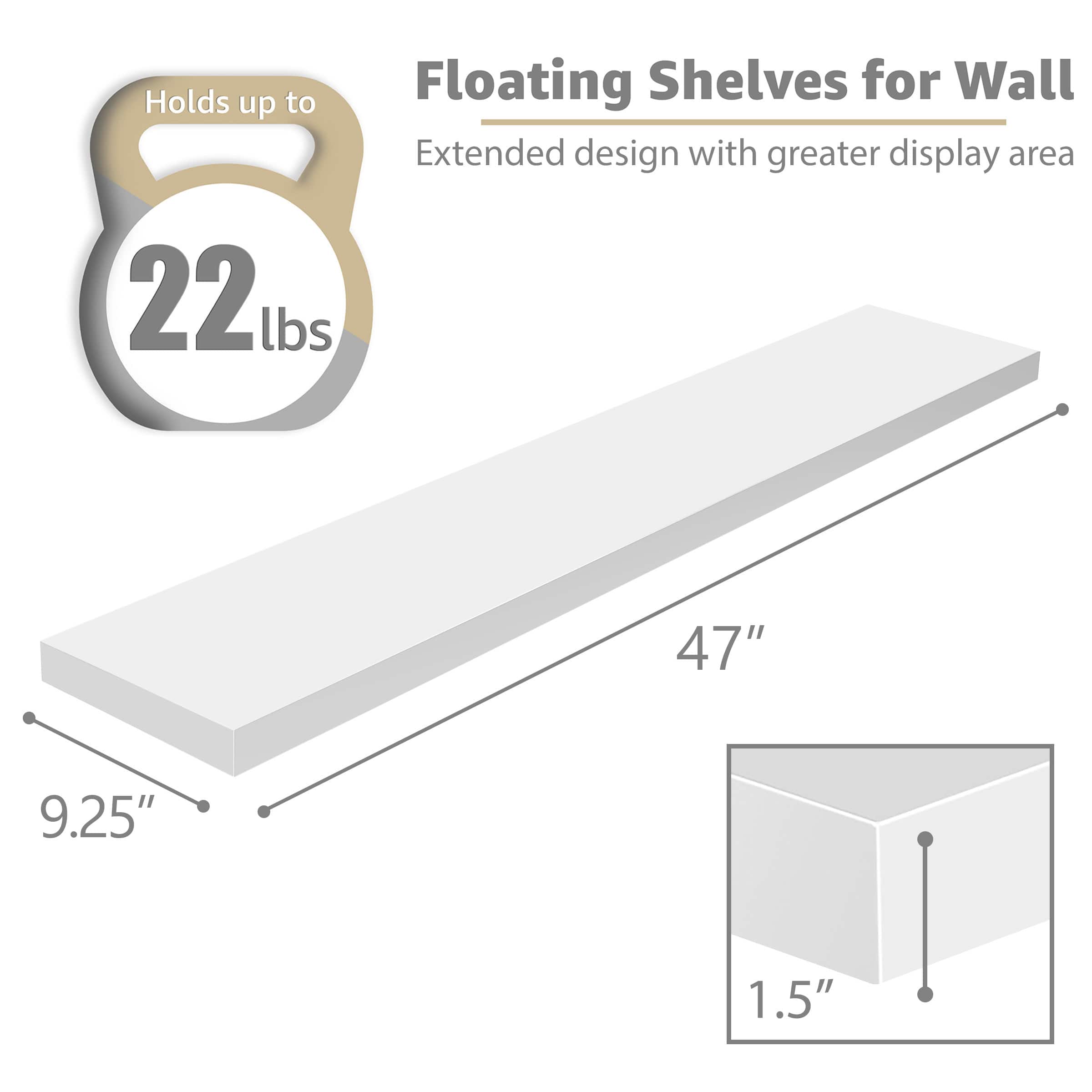 Floating Shelves for Wall, Holds up to 22lbs, Extended design with greater display area, 47", 9.25", 1.5"