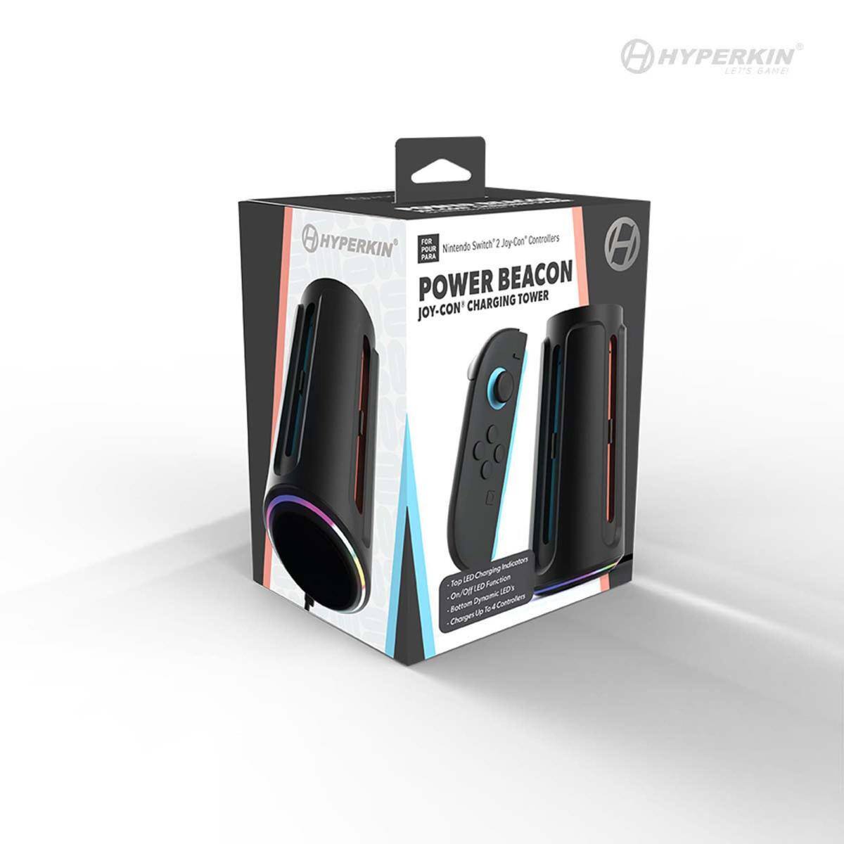 HYPERKIN  
LET'S GAME!  

HYPERKIN  
Nintendo Switch*2 Joy-Con Controllers  

POWER BEACON  
JOY-CON* CHARGING TOWER  

- Top LED Charging Indication  
- 4x LED Position  
- Auto Dynamic LED  
- Charges up to 4 Controllers  

*For Nintendo Switch 2 Joy-Con Controllers  

HYPERKIN  
LETS GAME!