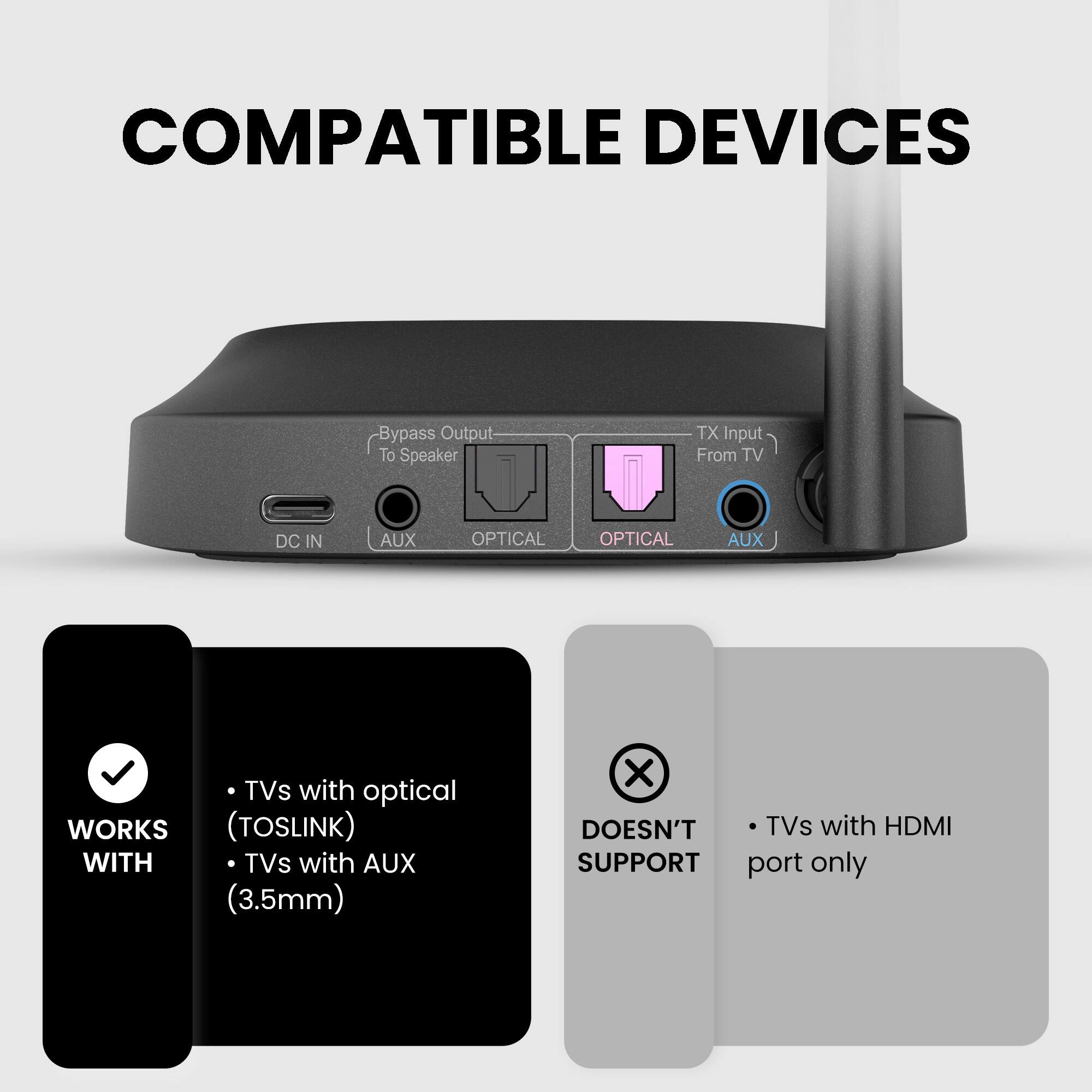 COMPATIBLE DEVICES

- WORKS WITH
  - TVs with optical (TOSLINK)
  - TVs with AUX (3.5mm)

- DOESN'T SUPPORT
  - TVs with HDMI port only