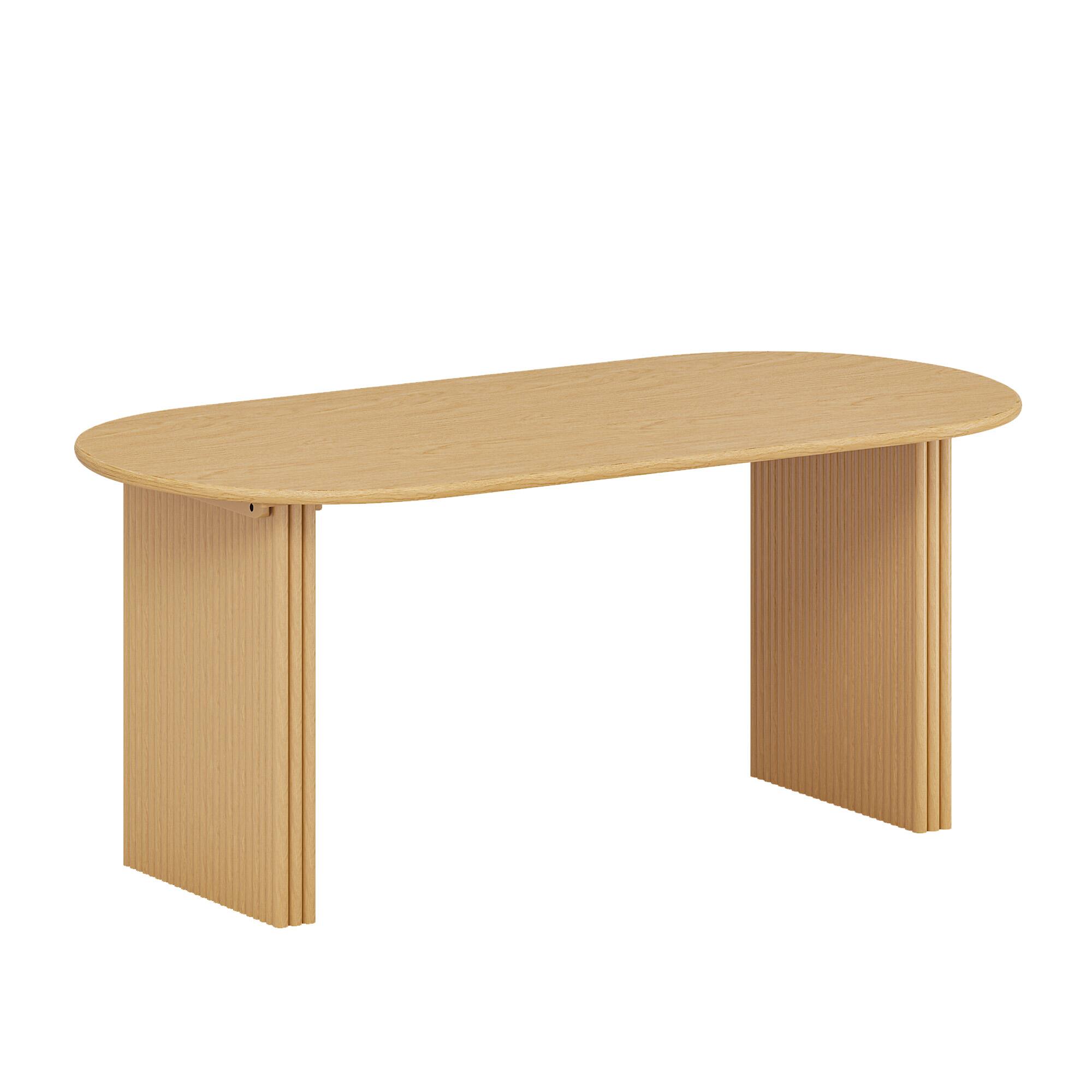 Angle. PexFix - Solid Oak Farmhouse Dining Table for 6, 67" Minimalist Oval Kitchen Table with Double Pedestal Base - Natural.