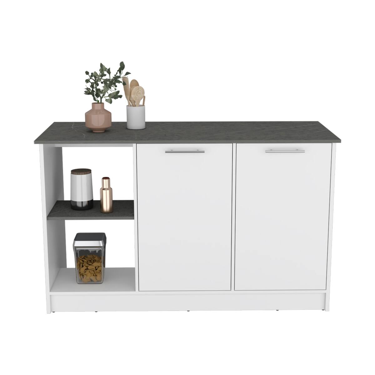 Alt View 1. Loheer - Loheer White Onyx Kitchen Island with Open Shelves 59 Inch Countertop - White / Onyx.
