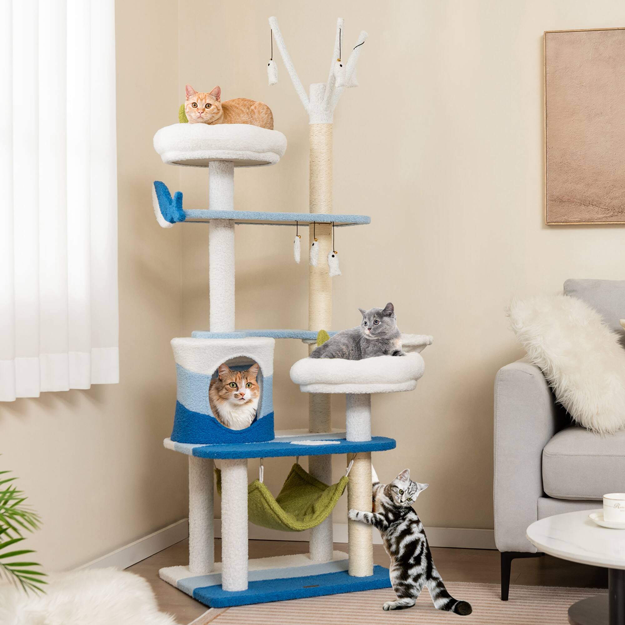 Alt View 1. Costway - Costway Ocean-themed Cat Tree with Sisal Covered Scratching Posts Condo Perch Indoor Tower - Blue.