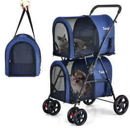 Gymax - 4-in-1 Double Pet Stroller w/ Detachable Carrier Travel Carriage for Cats Blue