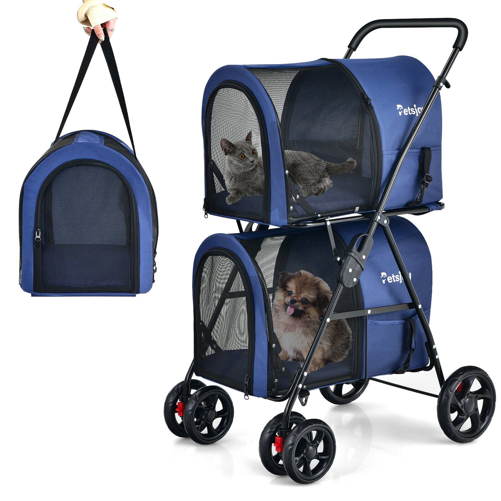 Gymax - 4-in-1 Double Pet Stroller w/ Detachable Carrier Travel Carriage for Cats Blue