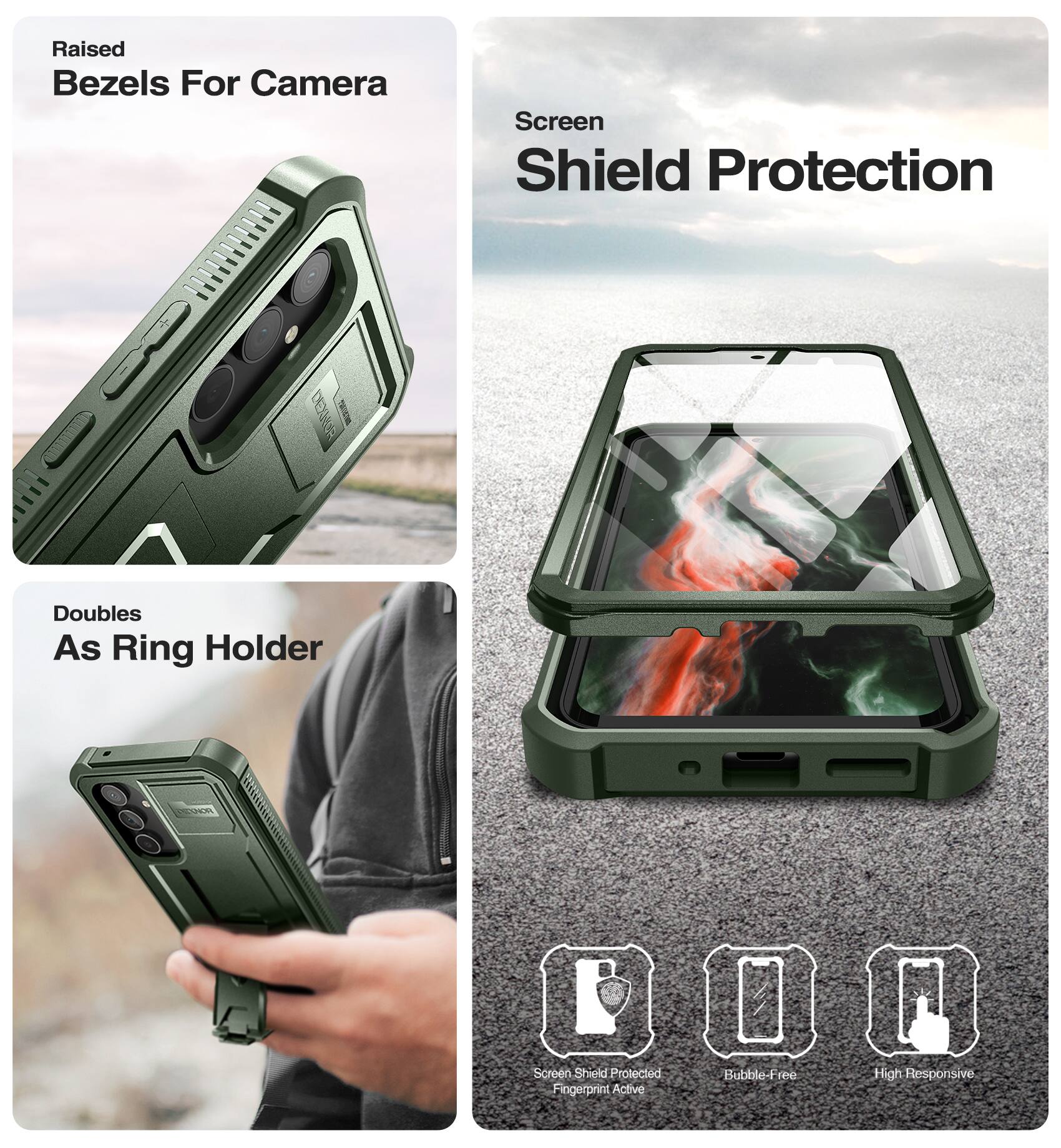 Raised Bezels For Camera  
Screen Shield Protection  
Doubles As Ring Holder  

Screen Shield Protected  
Fingerprint Active  
Bubble-Free  
High Responsive