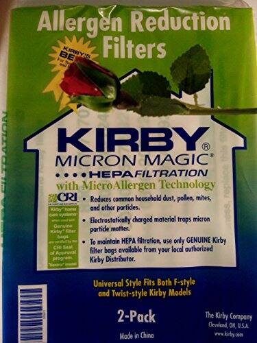 Allergen Reduction Filters

BE KIRBY'S

KIRBY MICRON MAGIC HEPAFILTRATION with MicroAllergen Technology

- Reduces common household dust, pollen, mites, and other particles.
- Electrostatically charged material traps micron particle matter.
- To maintain HEPA filtration, use only GENUINE Kirby filter bags available from your local authorized Kirby Distributor.

Universal Style Fits Both F-style and Twist-style Kirby Models

2-Pack

Made in China

The Kirby Company
Cleveland, OH, U.S.A.
www.kirby.com