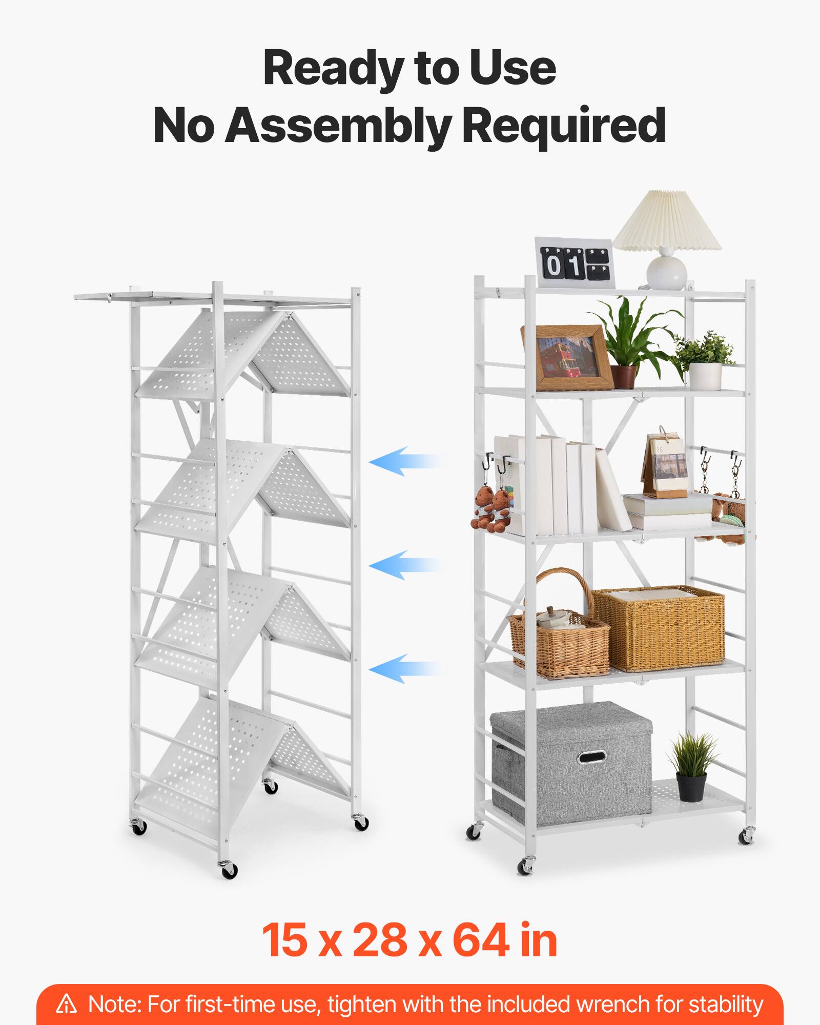 Ready to Use, No Assembly Required, 15 x 28 x 64 in, A Note: For first-time use, tighten with the included wrench for stability