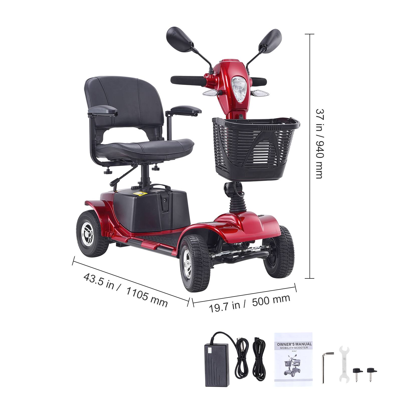 37 in / 940 mm  
43.5 in / 1105 mm  
19.7 in / 500 mm  

OWNER'S MANUAL  
MOBILITY SCOOTER
