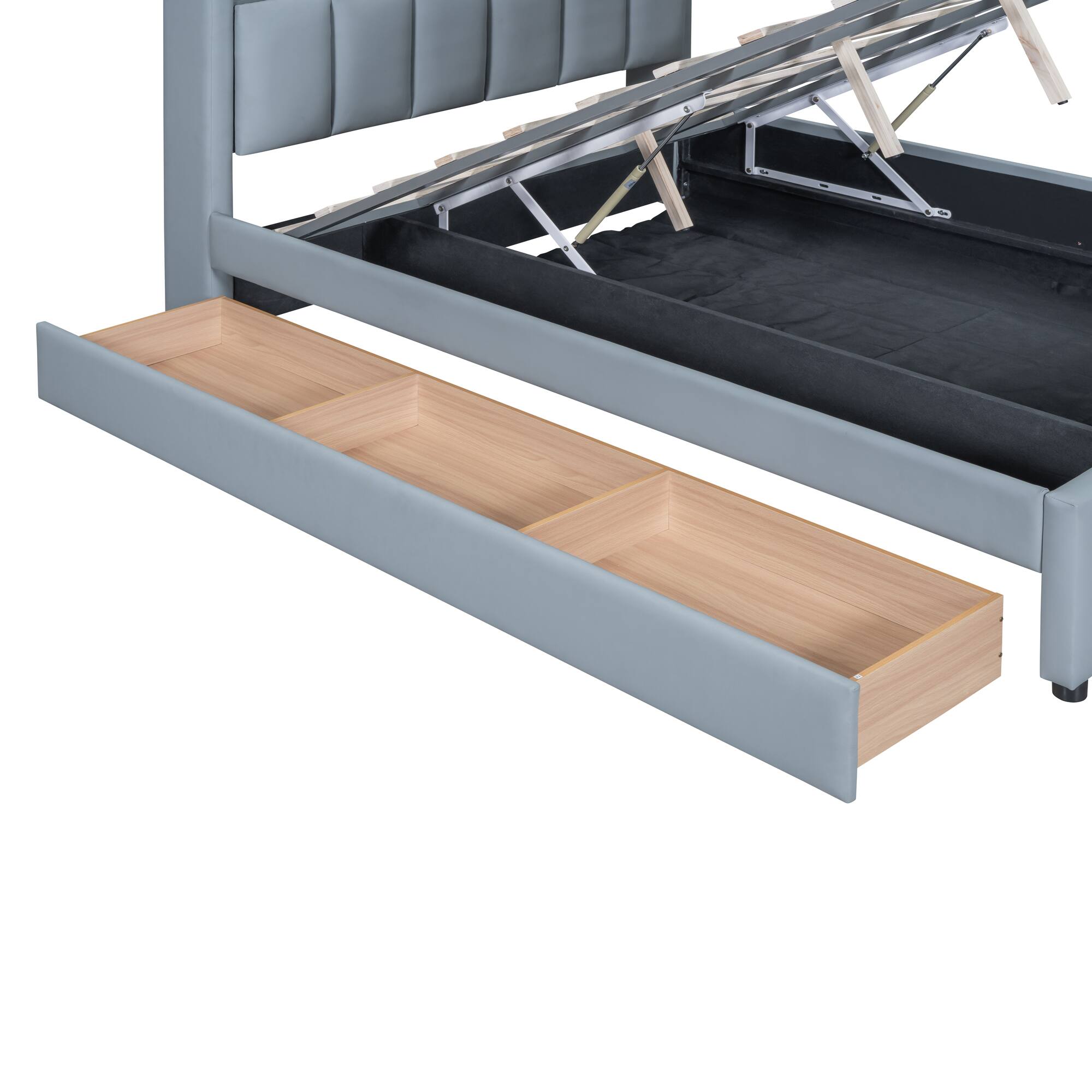 Alt View 9. Tiramisubest - Queen Size & Twin XL Size Upholstered Mother & Child Bed with Hydraulic Storage System, Drawer Box, shelf and USB Ports - Gray.