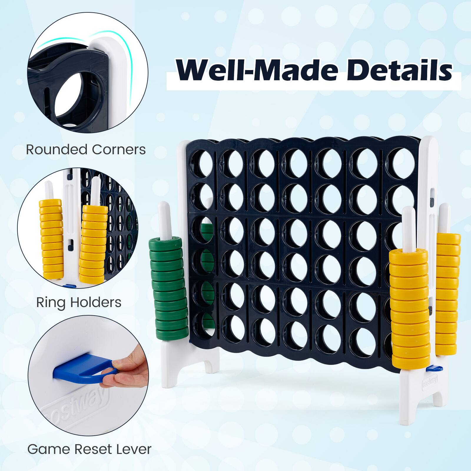 Well-Made Details  
Rounded Corners  
Ring Holders  
Game Reset Lever