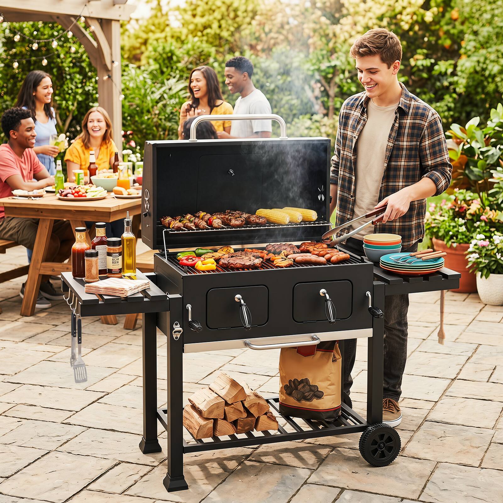 Alt View 1. Gymax - Gymax Large Charcoal Grill752 sq.in Oversized Patio Smoker BBQ Grill w/Charcoal Trays - Black.