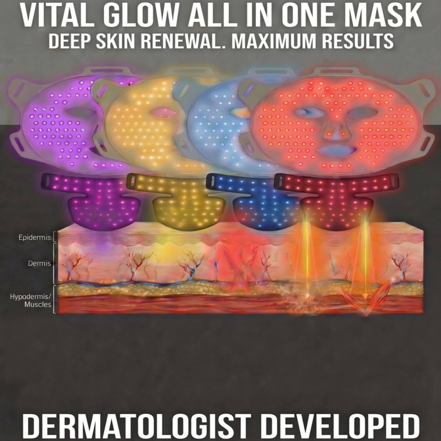 VITAL GLOW ALL IN ONE MASK  
DEEP SKIN RENEWAL. MAXIMUM RESULTS  

Epidermis  
Dermis  
Hypodermis/Muscles  

DERMATOLOGIST DEVELOPED
