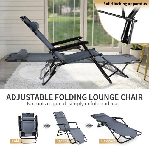 Solid locking apparatus

ADJUSTABLE FOLDING LOUNGE CHAIR

No tools required, simply unfold and use.

Fold  
Recline  
Lie down