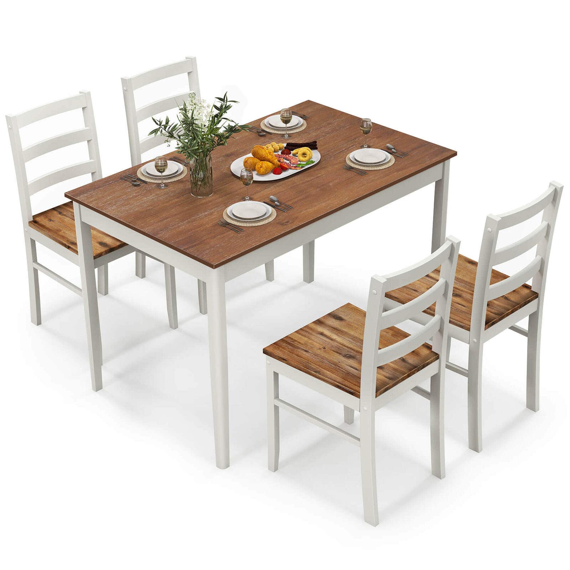 Front. Costway - 5-Piece Dining Set Solid Wood Kitchen Furniture with Rectangular Table & 4 Chairs - Coffee and White.