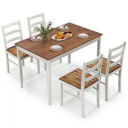 Front. Costway - 5-Piece Dining Set Solid Wood Kitchen Furniture with Rectangular Table & 4 Chairs - Coffee and White.