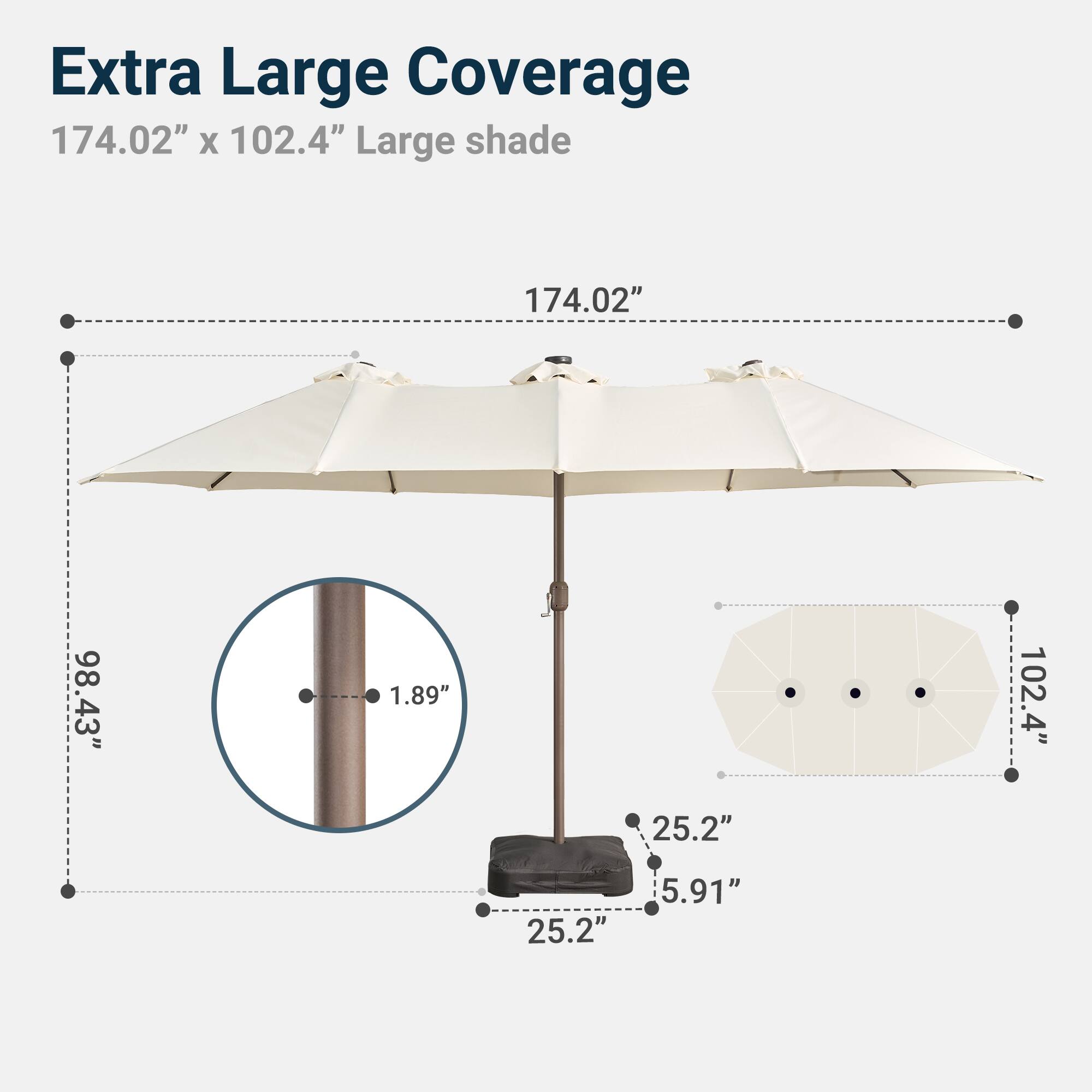 Extra Large Coverage 174.02" X 102.4" Large shade 174.02" 98.43" 1.89" 102.4" 25.2" 25.2" 5.91"