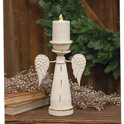 Angle. BreeBe - Distressed White Metal Snowy Angel Pillar Holder - White.