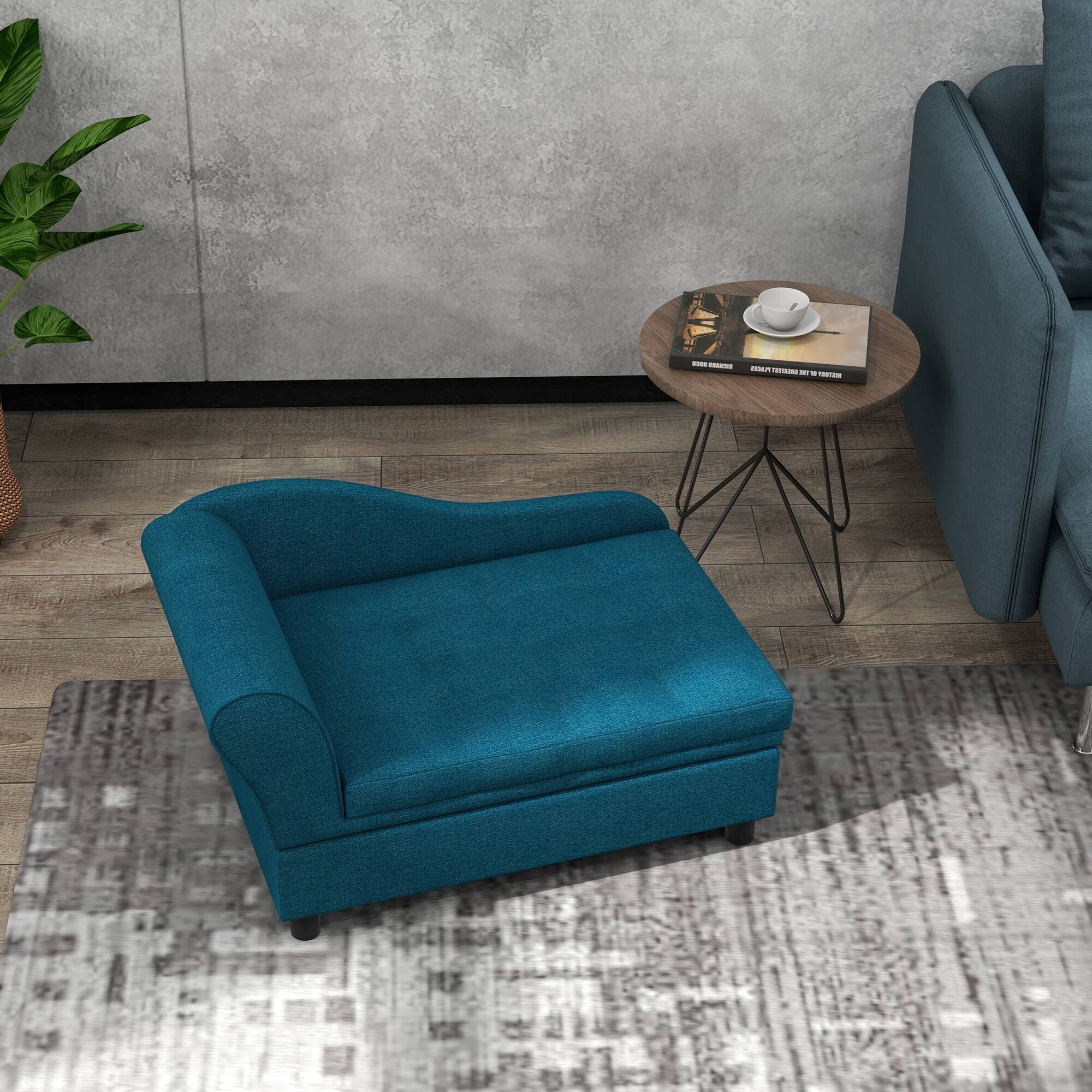 Alt View 5. Pawhut - Pet Sofa, Dog Couch, Elevated Pet Bed for Small Dogs, with Hidden Storage, Soft Tufted Cushion - Blue.