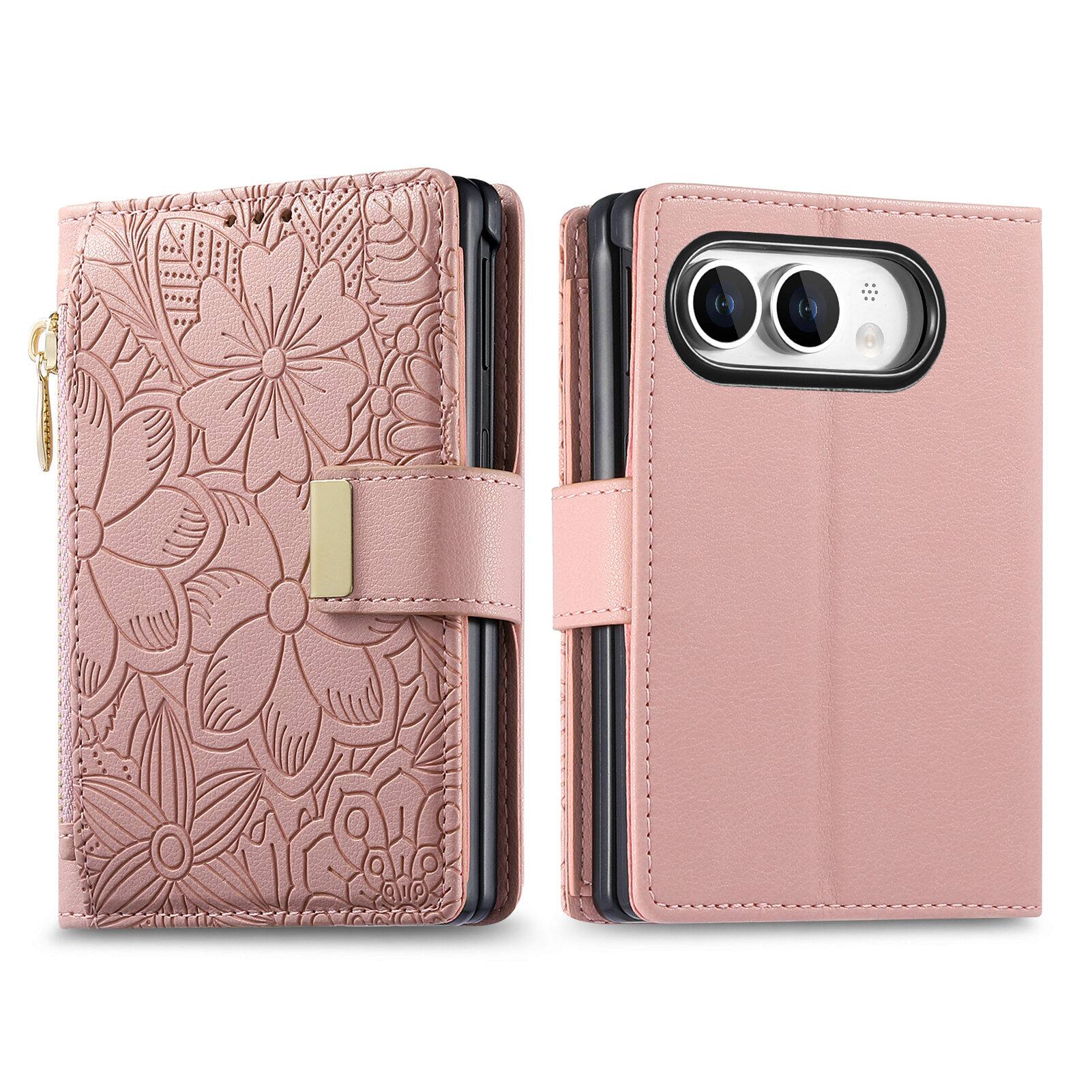 Angle. UUCOVER - Zipper Wallet Flower Embossed Case for Apple iPhone Duo,Shockproof Leather+PC Magnetic Case Card Slots Kickstand Cover - Rosegold.