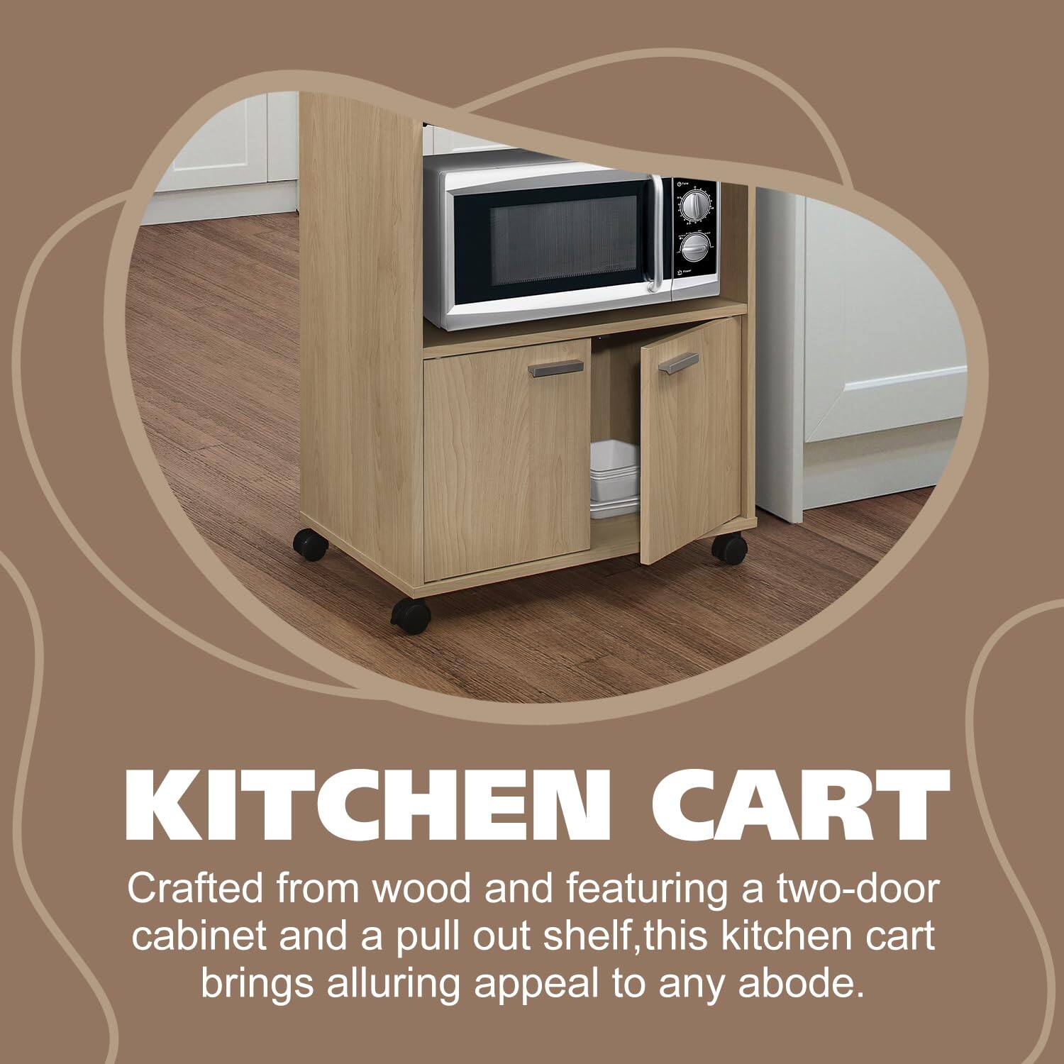 KITCHEN CART

Crafted from wood and featuring a two-door cabinet and a pull out shelf, this kitchen cart brings alluring appeal to any abode.