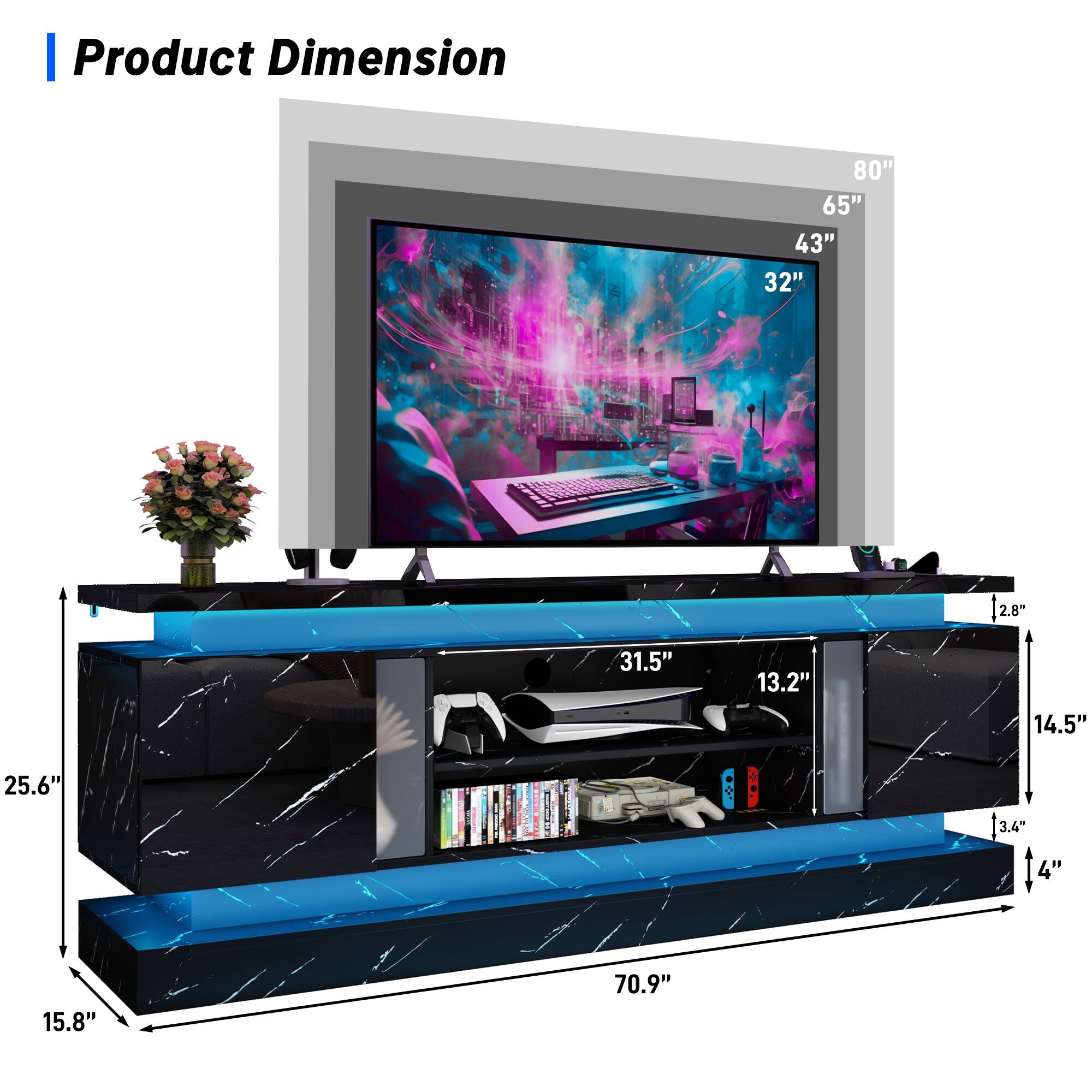 Product Dimension: 80" 65" 43" 32" 2.8" 31.5" 13.2" 14.5" 25.6" 3.4" 14" 4" 15.8" 70.9"