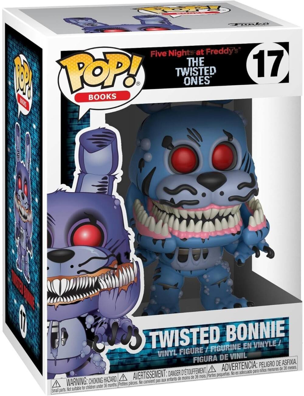 Sure, here is the corrected and grouped text from the image:

---

**POP! BOOKS**

**Five Nights at Freddy's**  
**THE TWISTED ONES**  
**17**

**TWISTED BONNIE**  
VINYL FIGURE / FIGURINE EN VINYLE / FIGURA DE VINIL

**WARNING: CHOKING HAZARD.**  
Small parts. Not suitable for children under 36 months.  
**AVERTISSEMENT: DANGER D'ÉTOUFFEMENT.**  
Petites pièces. Ne convient pas aux enfants de moins de 36 mois.  
**ADVERTENCIA: PELIGRO DE ASFIXIA.**  
Partes pequeñas. No es adecuado para niños menores de 36 meses.

---

This text is organized to reflect the information on the packaging, including the title, character name, and safety warnings.