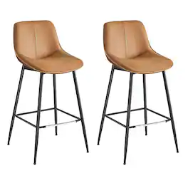 Songmics Home - Bar Stools Set of 2, Bar Height Bar Stools with Back, Ergonomic Backrest, Synthetic Leather, Metal Legs - Caramel