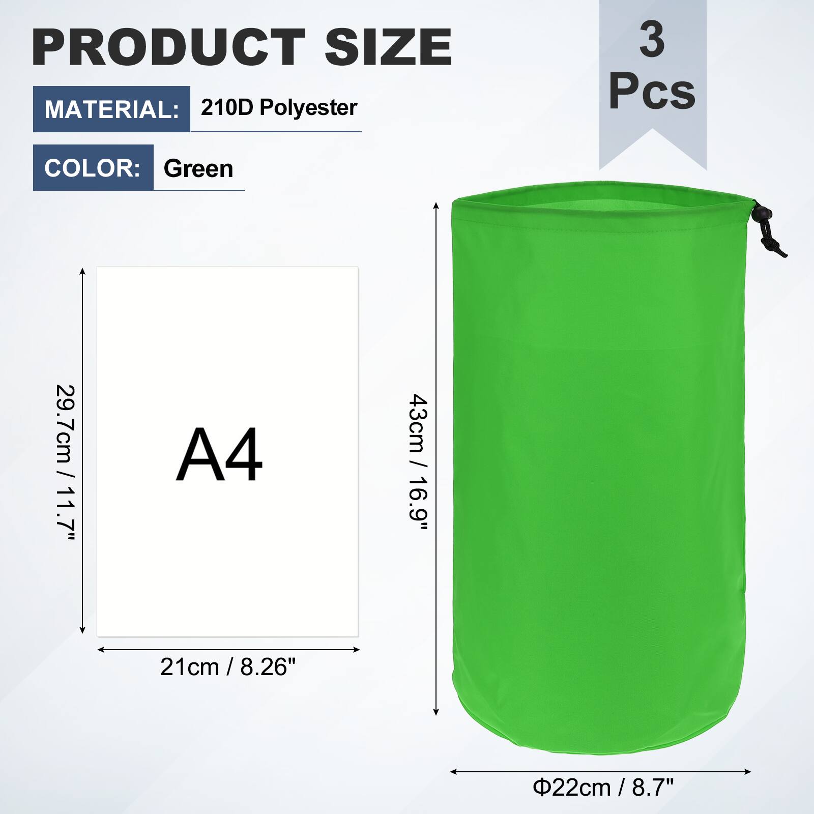 PRODUCT SIZE  
MATERIAL: 210D Polyester  
3 Pcs  
COLOR: Green  
A4  
29.7cm / 11.7"  
21cm / 8.26"  
43cm / 16.9"  
Φ22cm / 8.7"