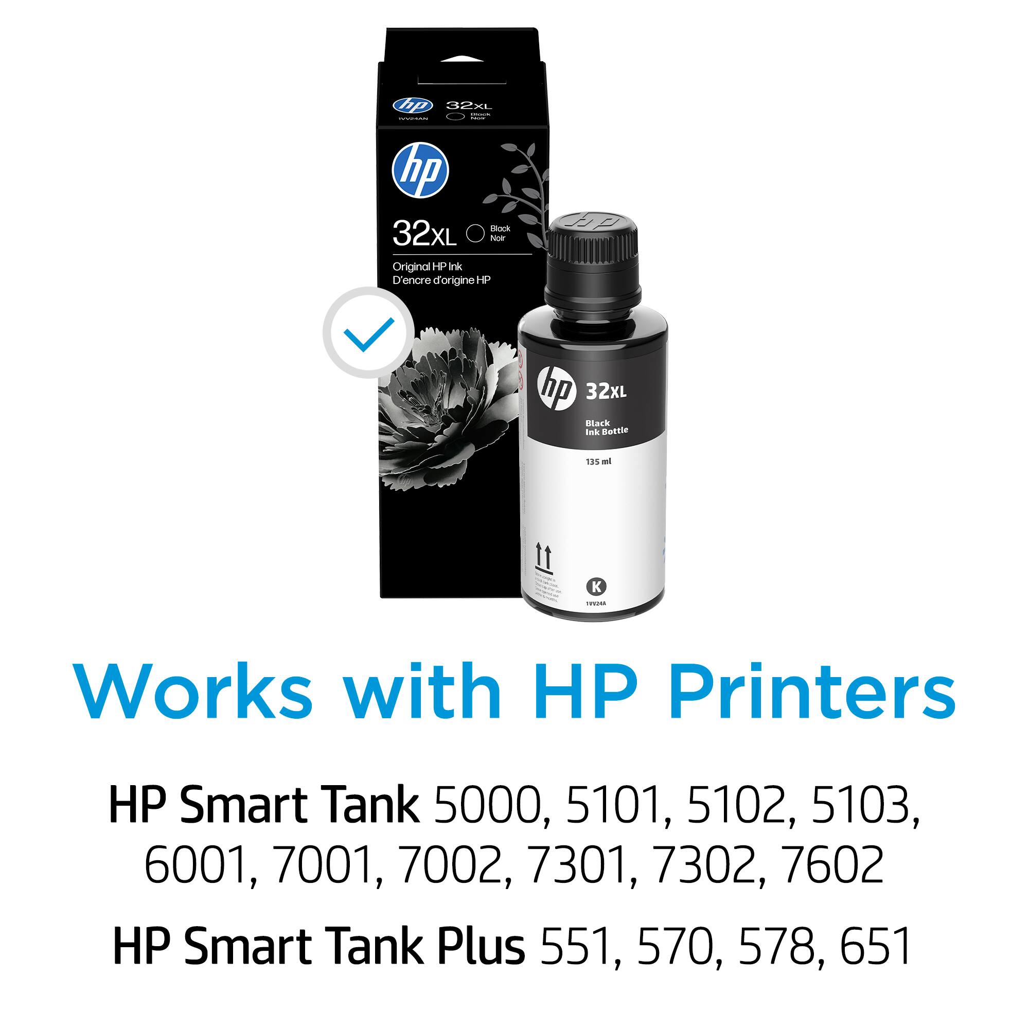 LP 32X: HP Bock 32XL - Original HP Ink D'encre d'origine HP

Works with HP Printers:
- HP Smart Tank 5000, 5101, 5102, 5103, 6001, 7001, 7002, 7301, 7302, 7602
- HP Smart Tank Plus 551, 570, 578, 651