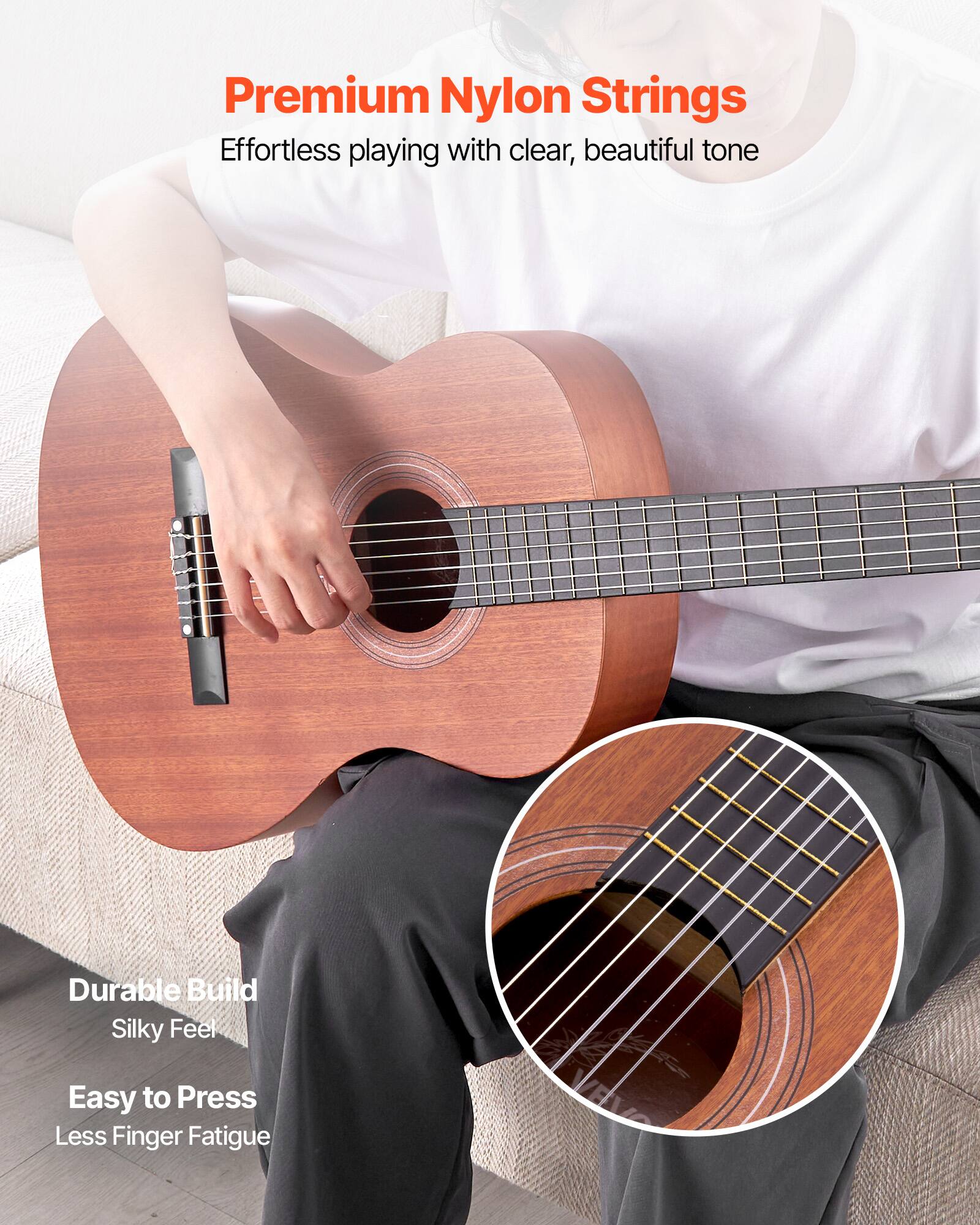 Premium Nylon Strings  
Effortless playing with clear, beautiful tone  

Durable Build  
Silky Feel  
Easy to Press  
Less Finger Fatigue