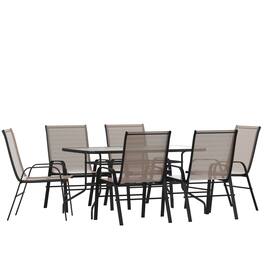 Emma + Oliver - Seven Piece Patio Table Set with Metal Table with Tempered Glass Top and 6 Flex Comfort Stacking Chairs - Brown