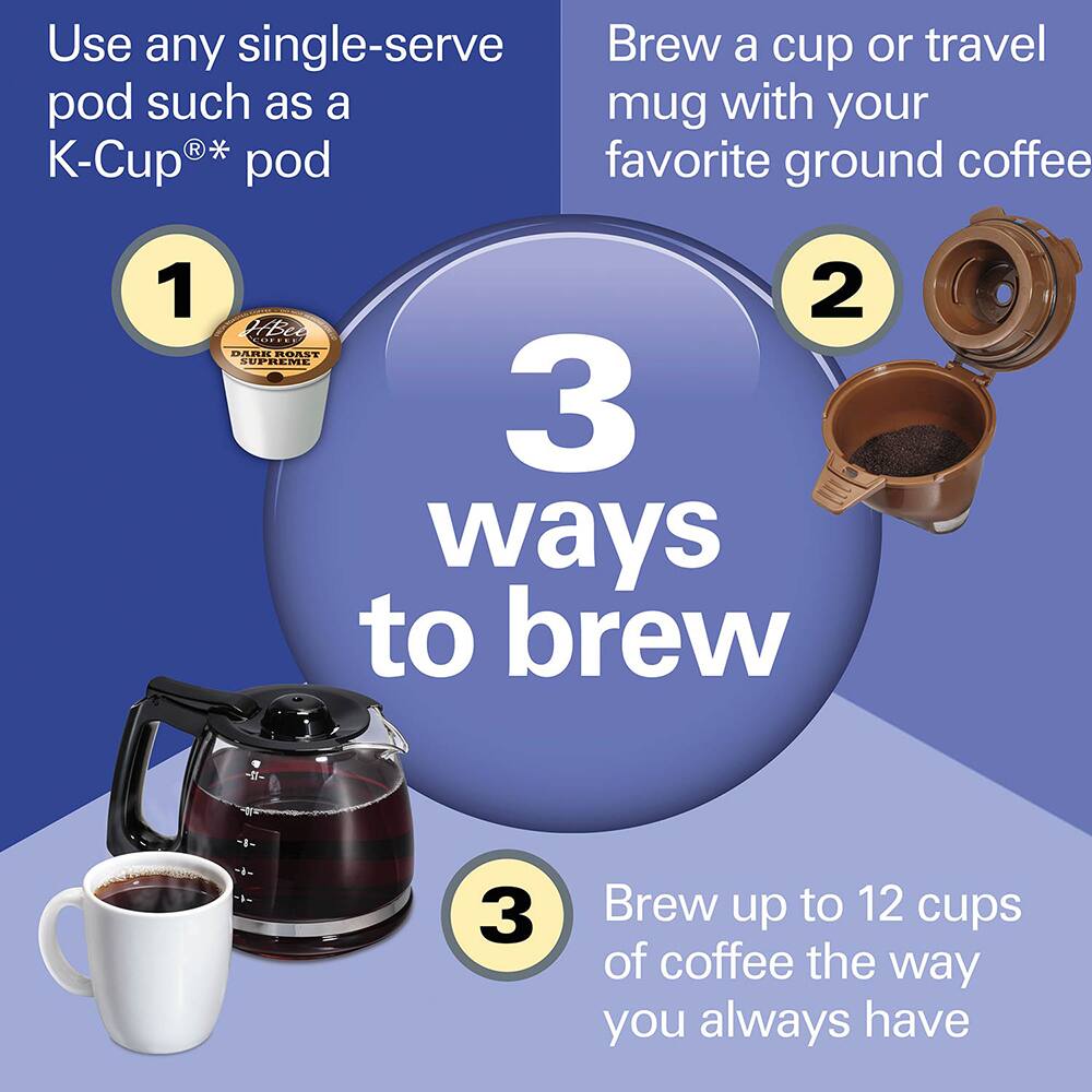 Use any single-serve pod such as a K-Cup® pod

1. Brew a cup or travel mug with your favorite ground coffee

2. Brew up to 12 cups of coffee the way you always have