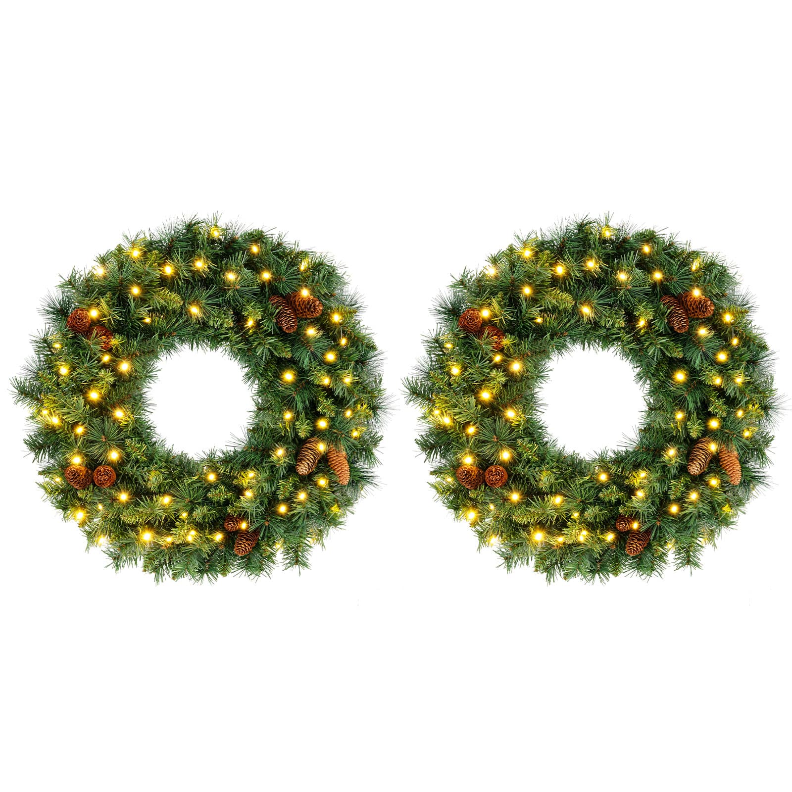 Costway - 2 PCS Pre-Lit Christmas Wreath with 143 Full Branch Tips 10 Pine Cones 50 LED Lights - Green