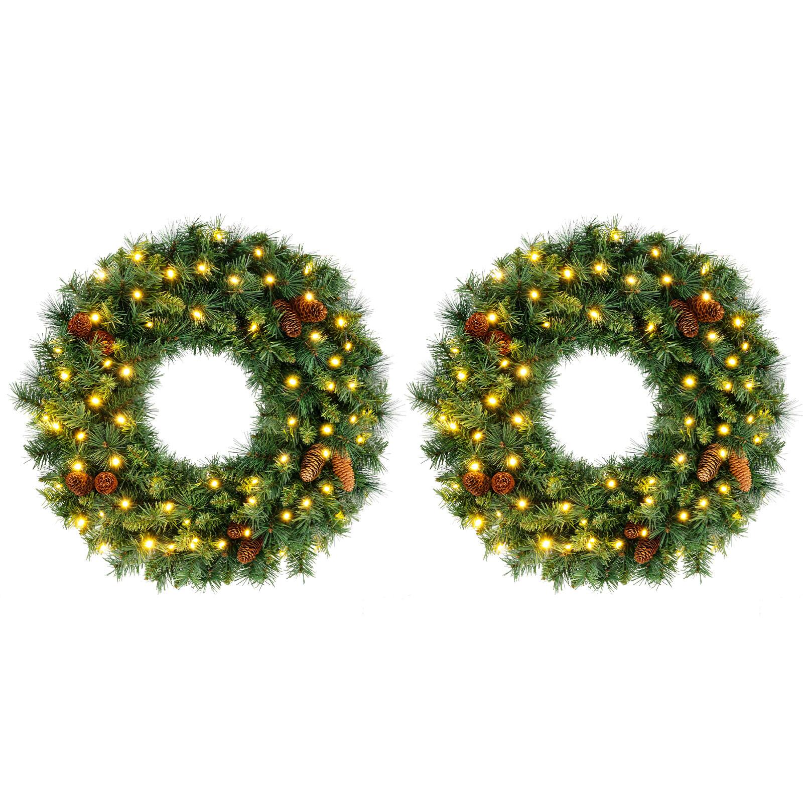 Front. Costway - Costway 2 PCS Pre-Lit Christmas Wreath with 143 Full Branch Tips 10 Pine Cones 50 LED Lights - Green.