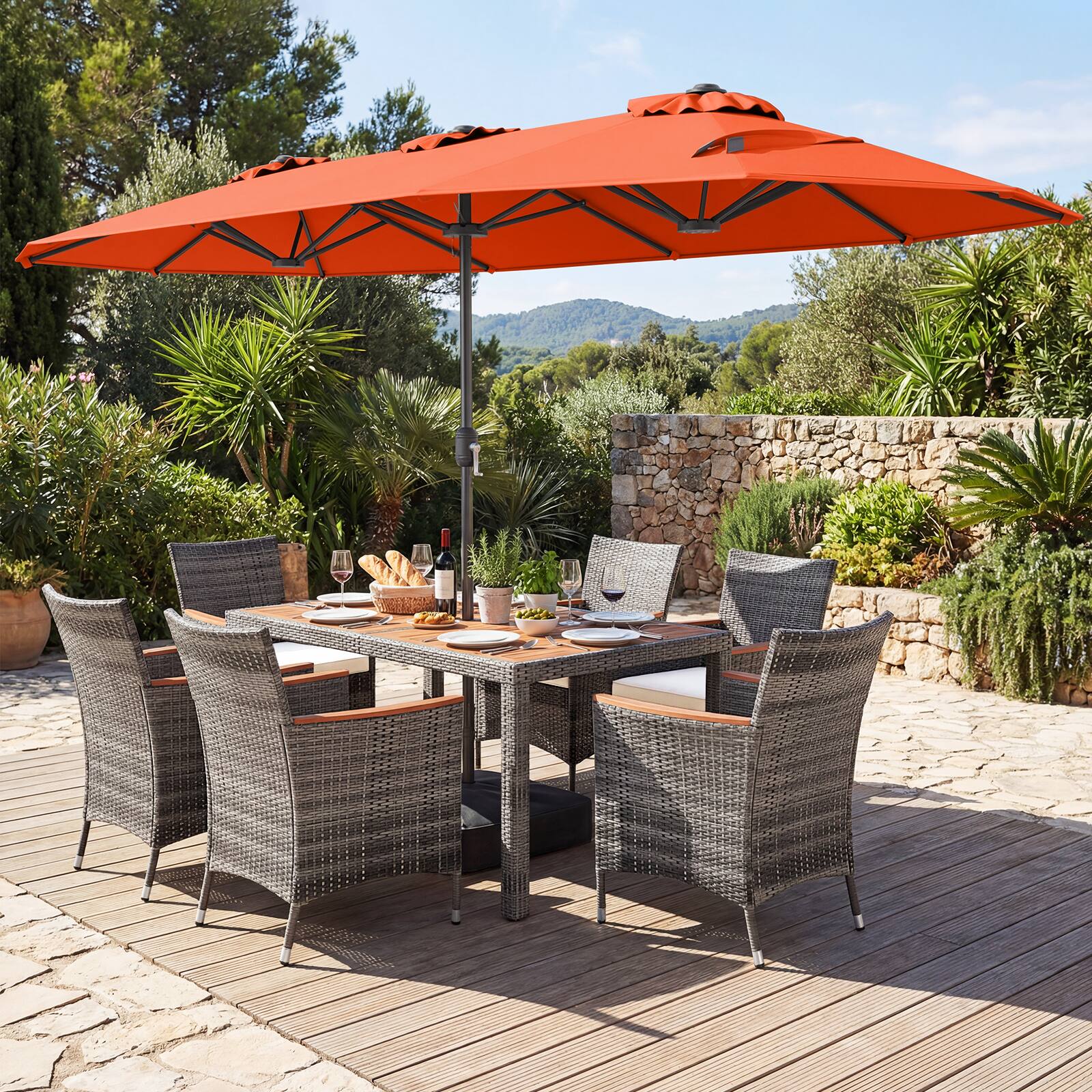 Alt View 3. Gymax - Gymax 8-Piece Patio Dining Set w/ Double-Sided Market Umbrella Acacia Wood Top Orange - Orange.