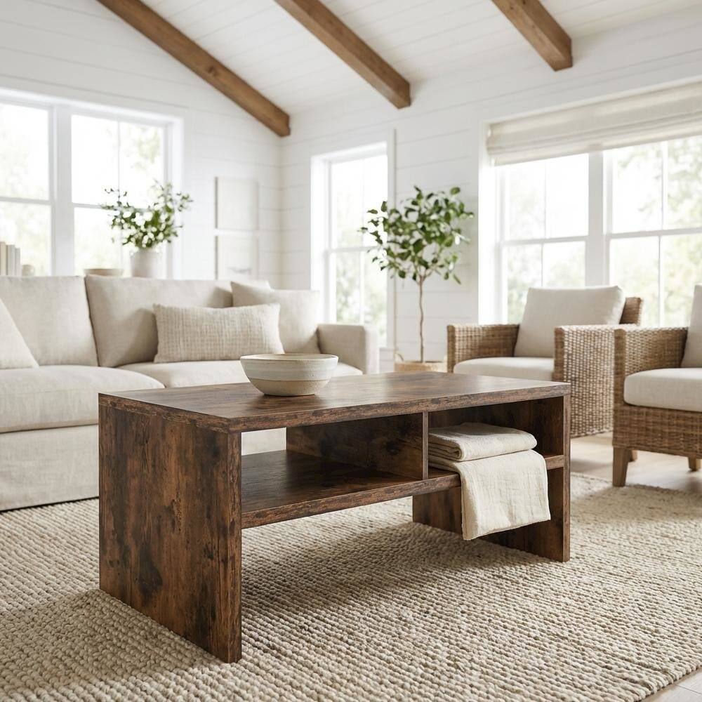 Left. FurniFact - Barnwood Coffee Table with Shelves Honeycomb Construction Durable Design - Barnwood.