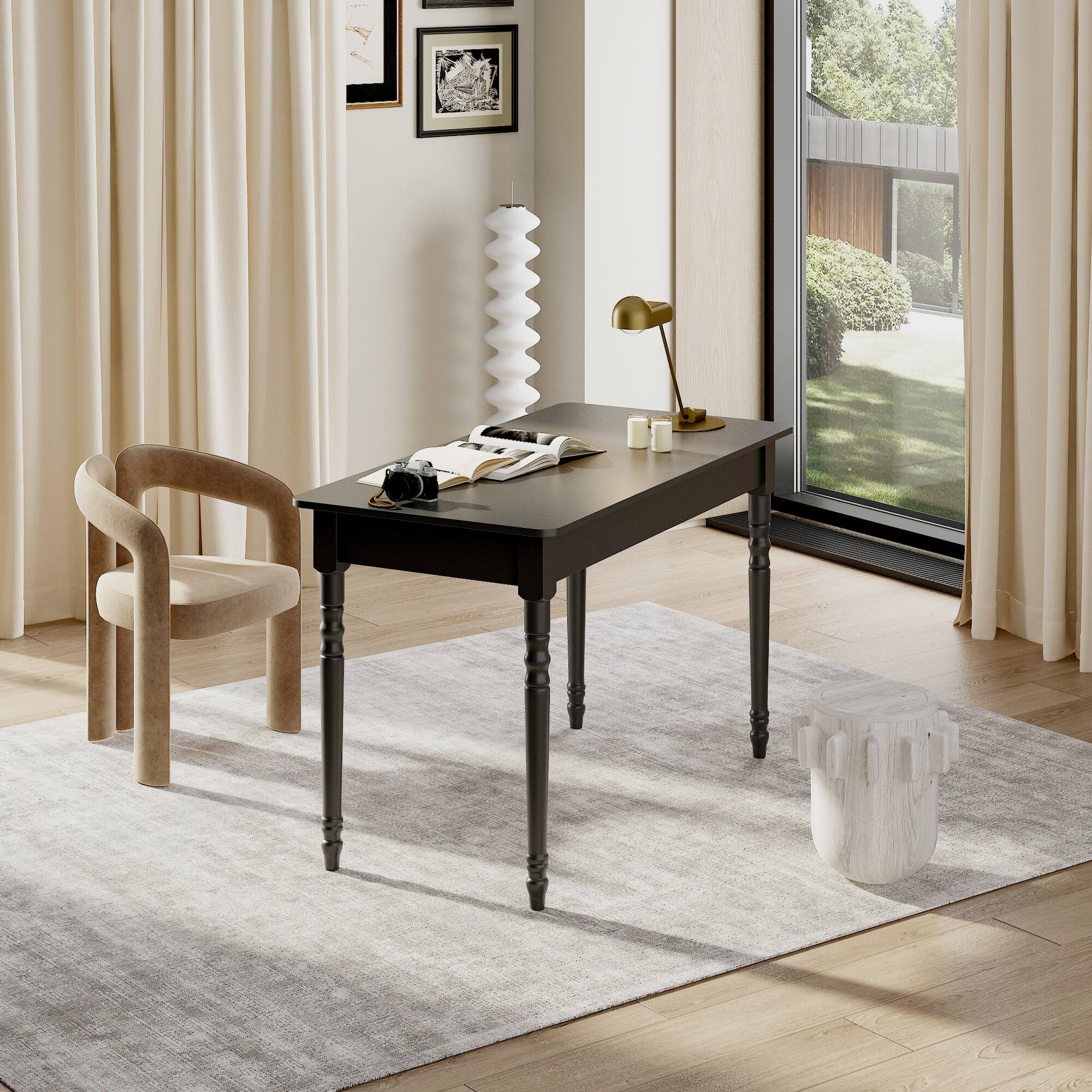 Left. Famapy - Solid Wood Writing Desk with Drawer for Home Office Study, Modern Black Desk with Gold Accents & Storage - Black.