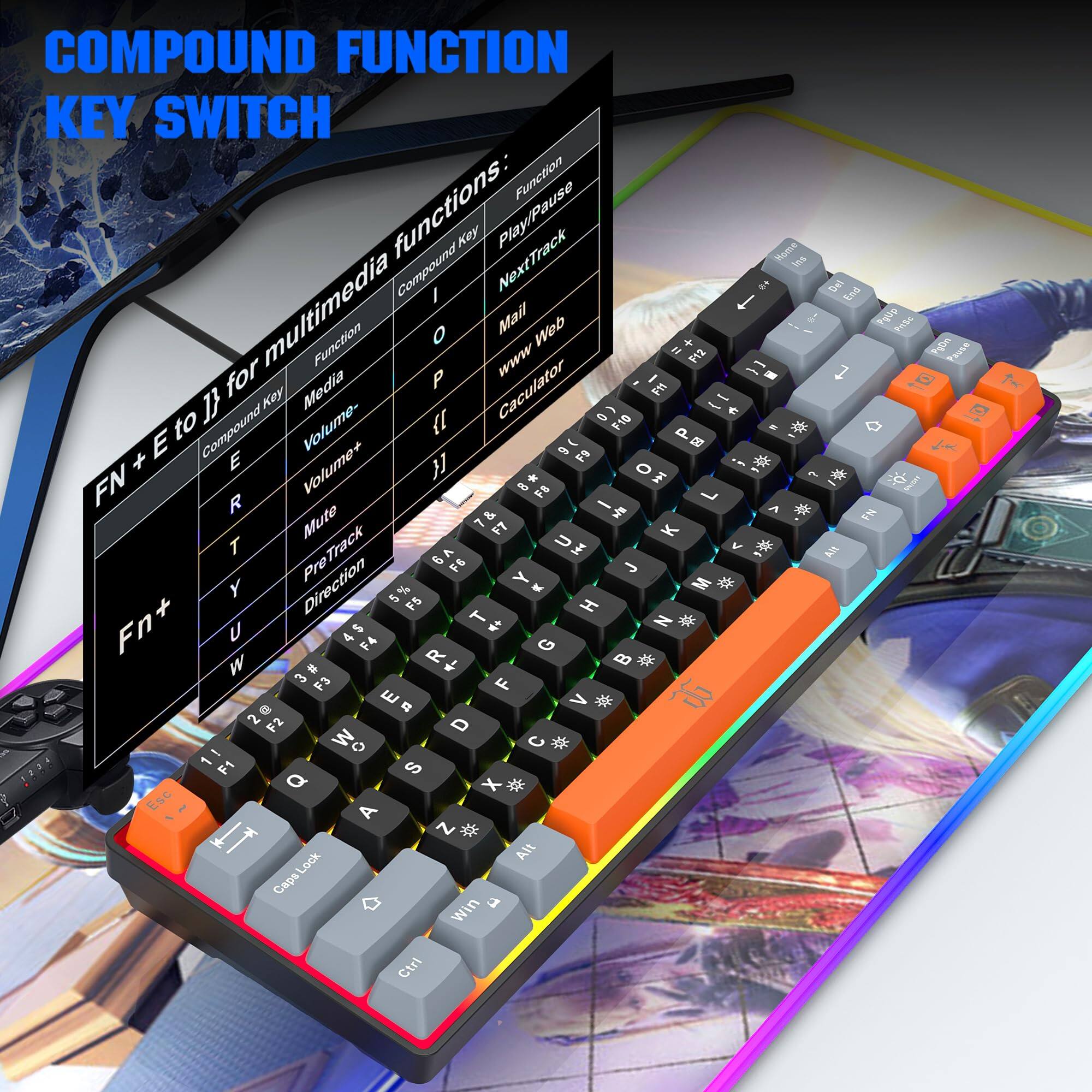 **COMPOUND FUNCTION KEY SWITCH**

**FN + E to 1} for multimedia functions:**

- **Compound Key:** E
  - **Function:** Volume+
- **Compound Key:** R
  - **Function:** Volume-
- **Compound Key:** T
  - **Function:** Mute
- **Compound Key:** Y
  - **Function:** PreTrack
- **Compound Key:** U
  - **Function:** Direction
- **Compound Key:** I
  - **Function:** Play/Pause
- **Compound Key:** O
  - **Function:** NextTrack
- **Compound Key:** P
  - **Function:** Mail
- **Compound Key:** { (Left Brace)
  - **Function:** www
- **Compound Key:** } (Right Brace)
  - **Function:** Calculator

**Key Switch:**

- **Play/Pause**
- **NextTrack**
- **Home**
- **End**
- **Mail**
- **www**
- **Calculator**
- **Volume+**
- **Volume-**
- **Mute**
- **PreTrack**
- **Direction**
- **Play/Pause**
- **NextTrack**
- **Home**
- **End**
- **Mail**
-