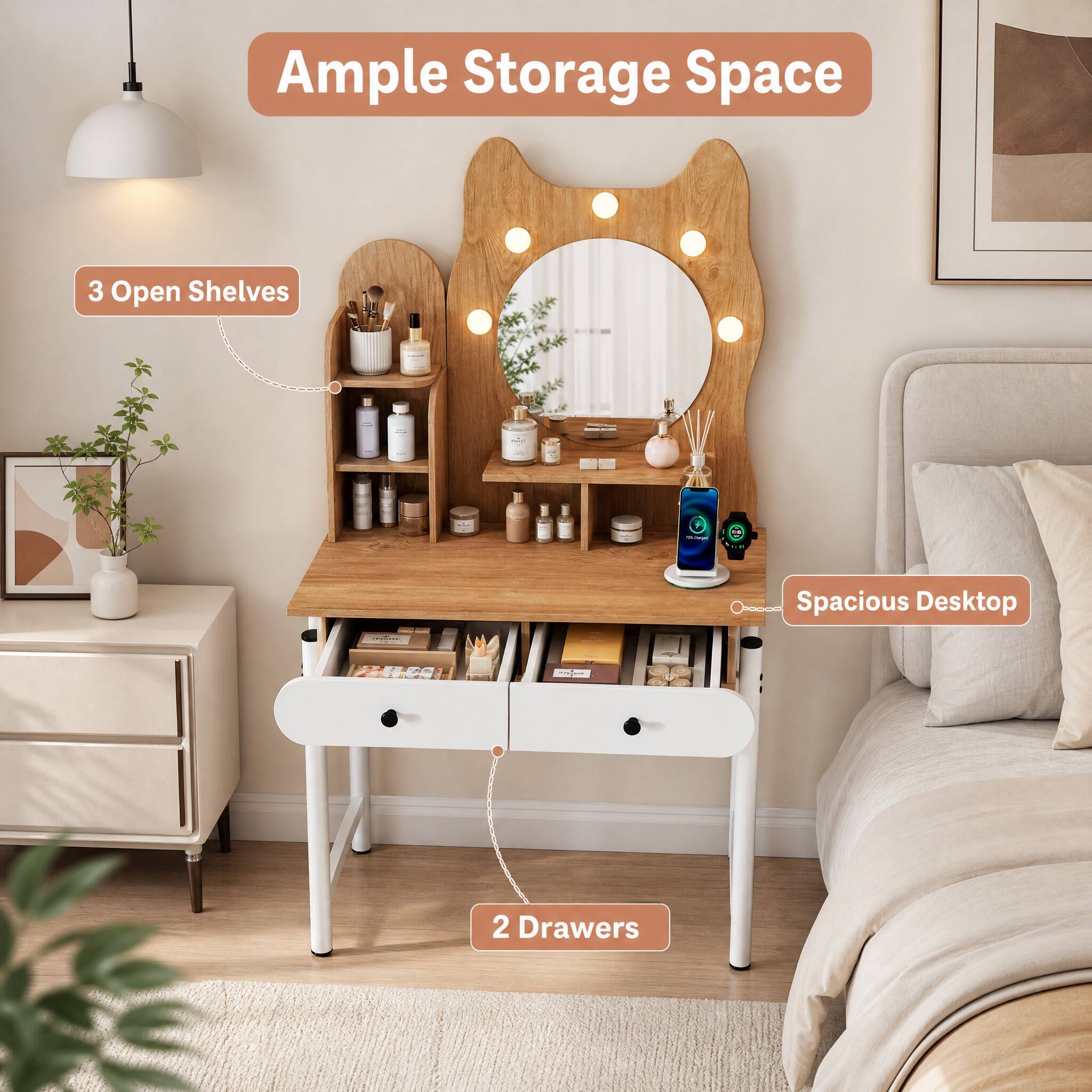 Ample Storage Space

3 Open Shelves

Spacious Desktop

2 Drawers