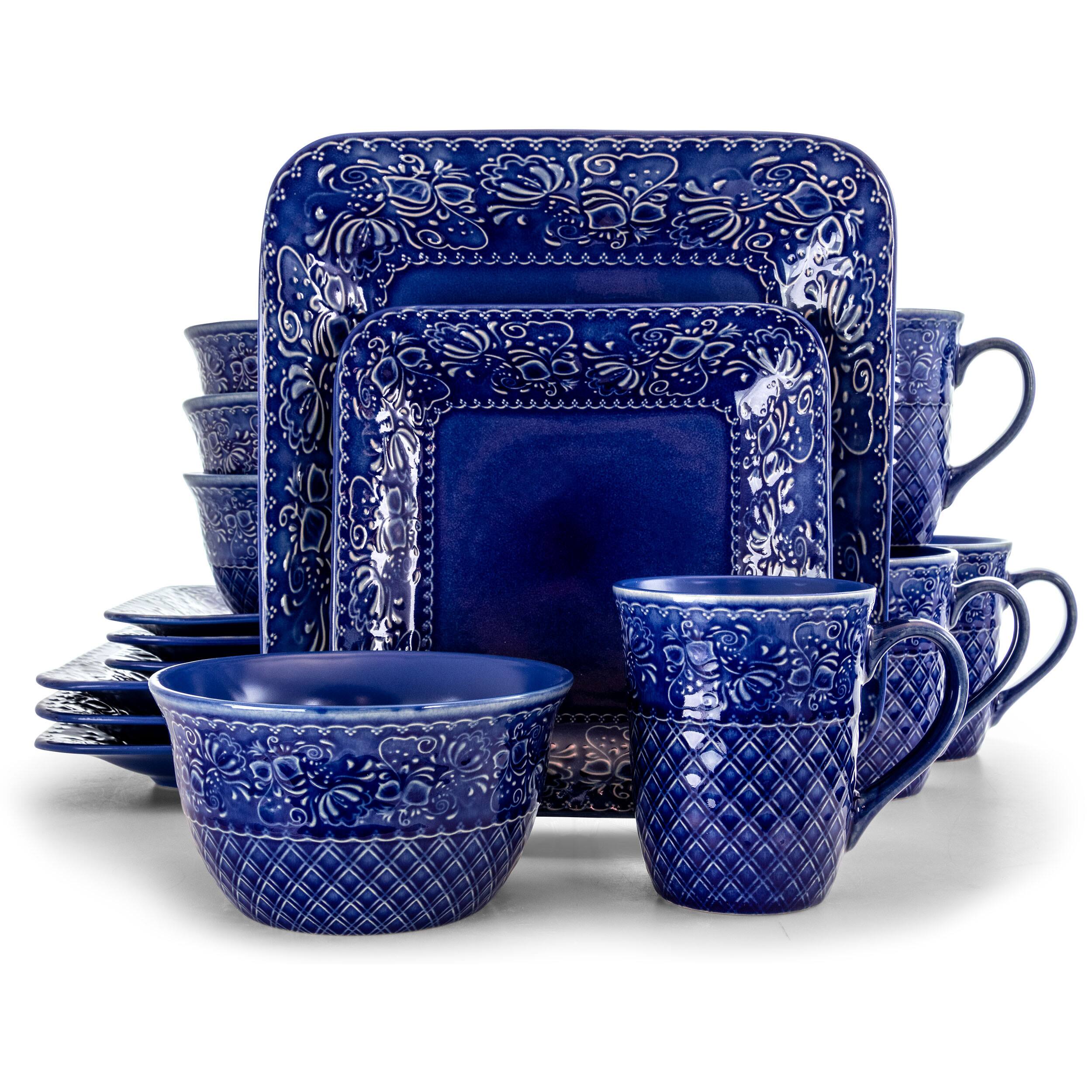 Alt View 1. Elama - Elama Indigo Lotus 16 Piece Square  Dinnerware Set - Indigo.