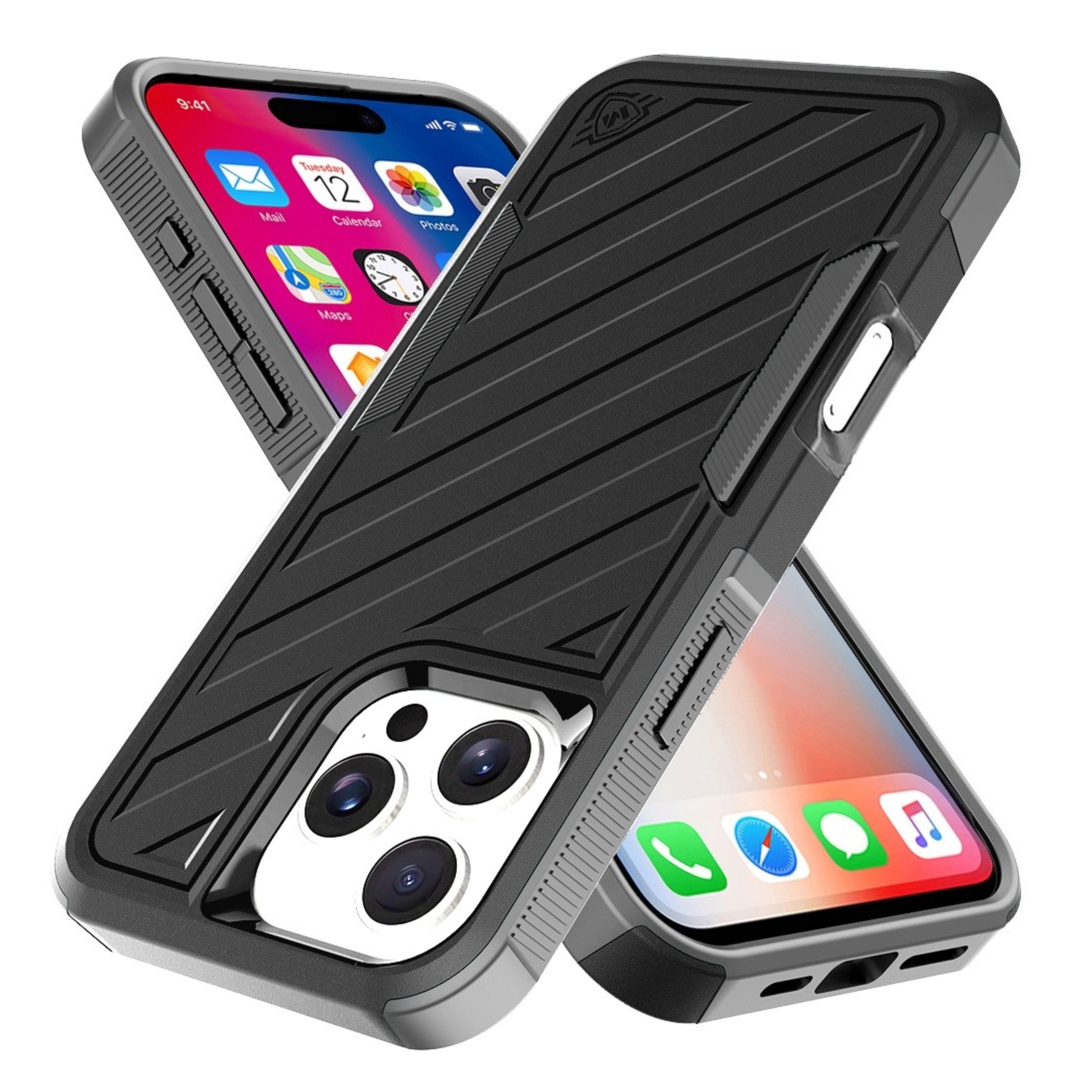 Kitcheniva - Shockproof Dual Layer Lined Phone Case With Tempered Glass For iPhone 16 Pro Black Grey - Black/Grey
