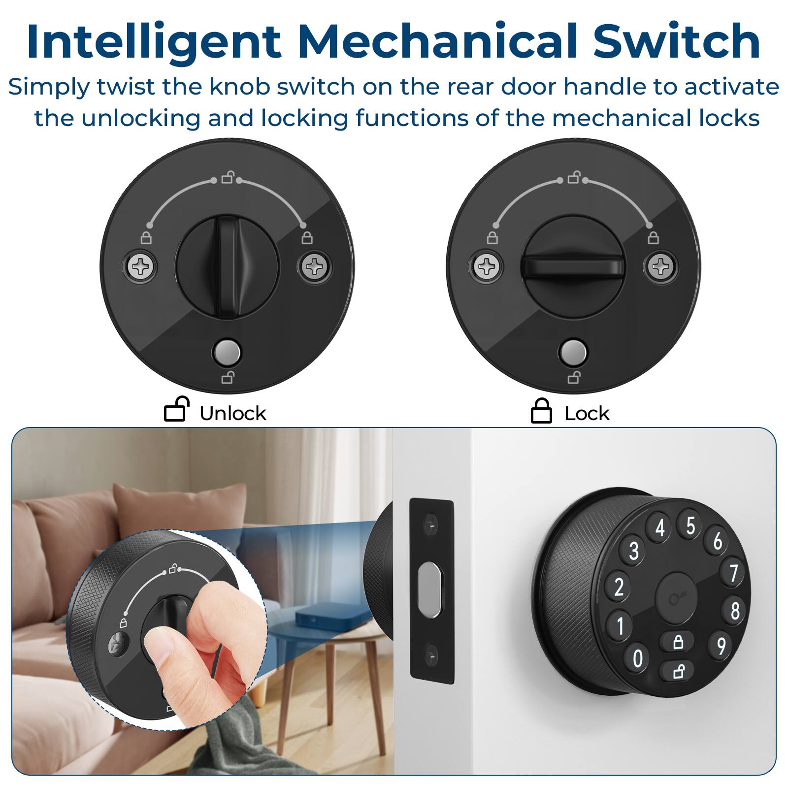 Intelligent Mechanical Switch

Simply twist the knob switch on the rear door handle to activate the unlocking and locking functions of the mechanical locks

Unlock Lock

B 3 2 1 0 4 5 a 6 7 8 9 D