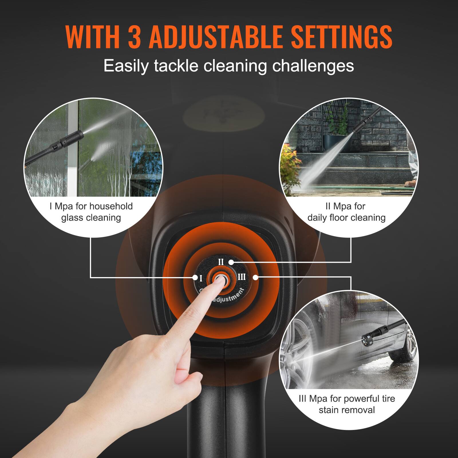 WITH 3 ADJUSTABLE SETTINGS  
Easily tackle cleaning challenges  

I Mpa for household glass cleaning  

II Mpa for daily floor cleaning  

III Mpa for powerful tire stain removal