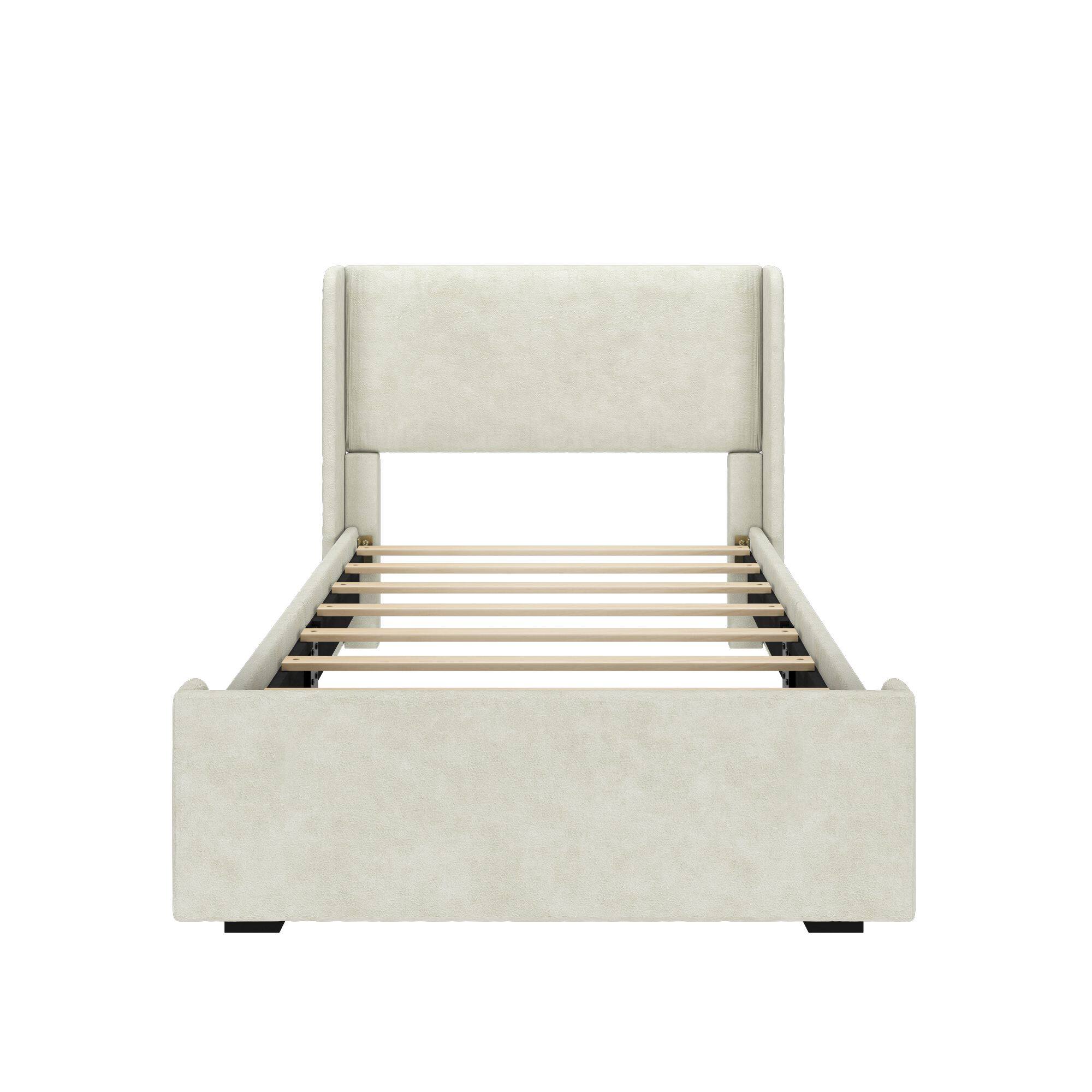 Alt View 4. Plank+Beam - Upholstered Bed with Rectangular Headboard (Twin), Cream - Cream.