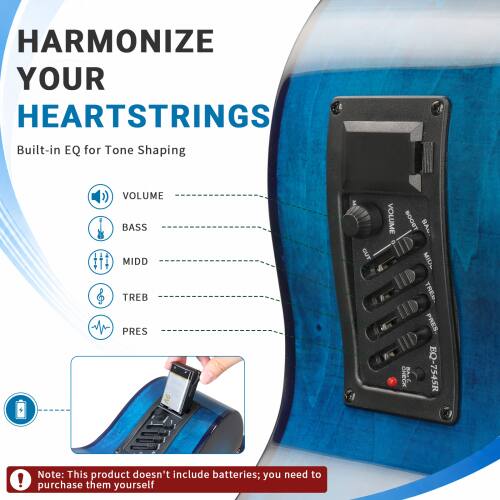 HARMONIZE YOUR HEARTSTRINGS  
Built-in EQ for Tone Shaping

VOLUME  
BASS  
MIDD  
TREB  
PRES  

CUT  
VOLUME  
BOOST  
BAU  
MID  
TRED.  
PRES  

CHECK EQ-7545R  

Note: This product doesn't include batteries; you need to purchase them yourself