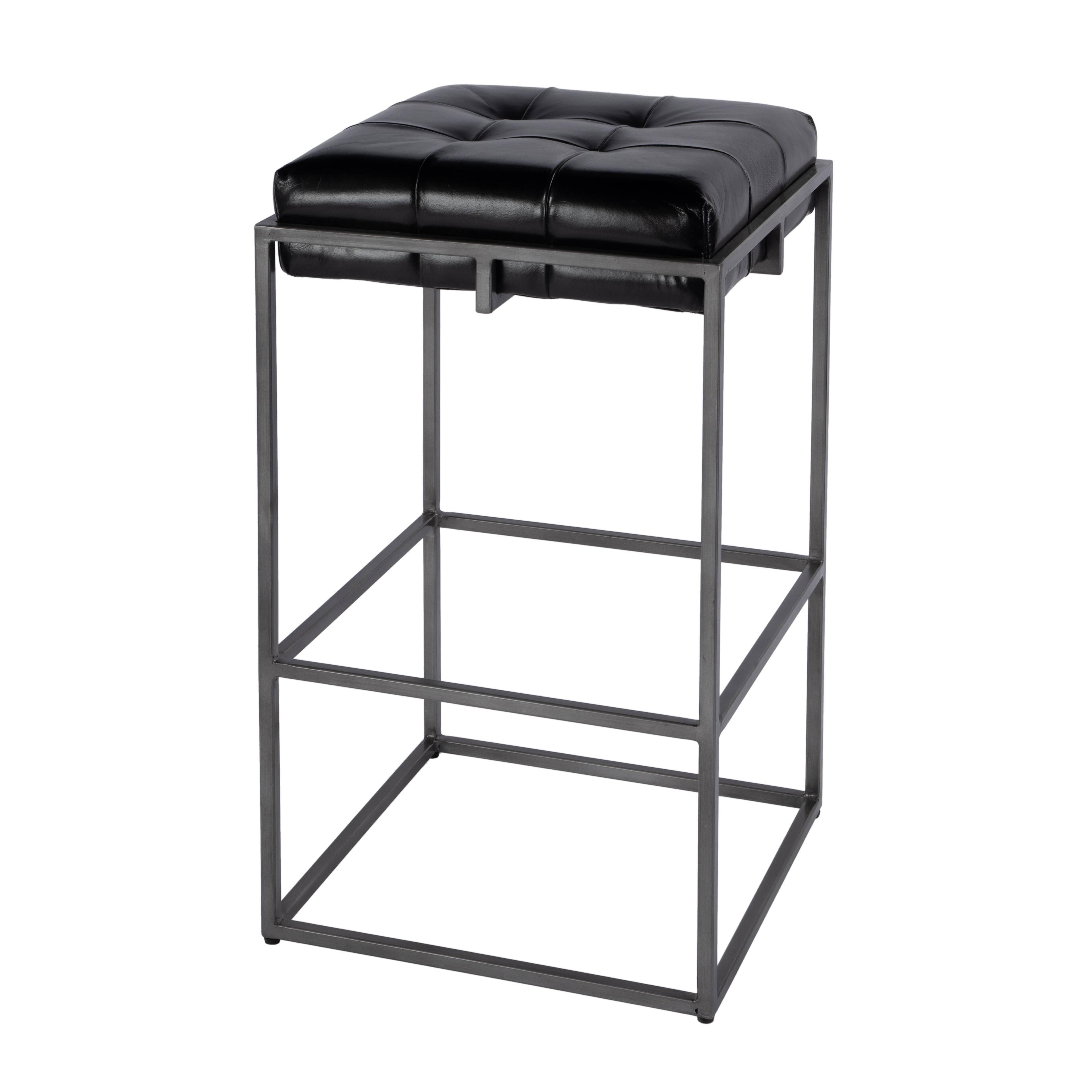 Front. Butler Specialty - Dudley 31 in. Seat Height Tufted Leather and Iron Backless Bar Height Stool with Footrest, Black, Silver - Black,Silver.