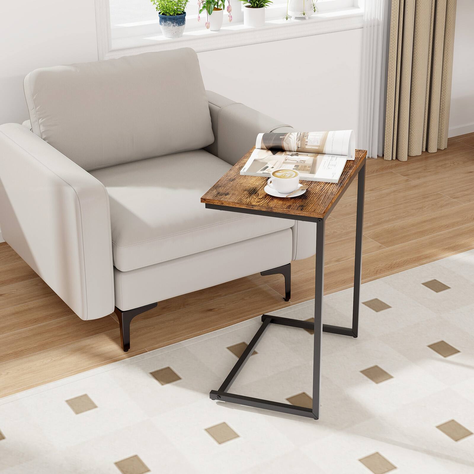 Alt View 1. Ecooso - C-Shaped Industrial End Side Table with Metal Frame, Rolling Beside Table for Couch or Bed - Brown & Black.