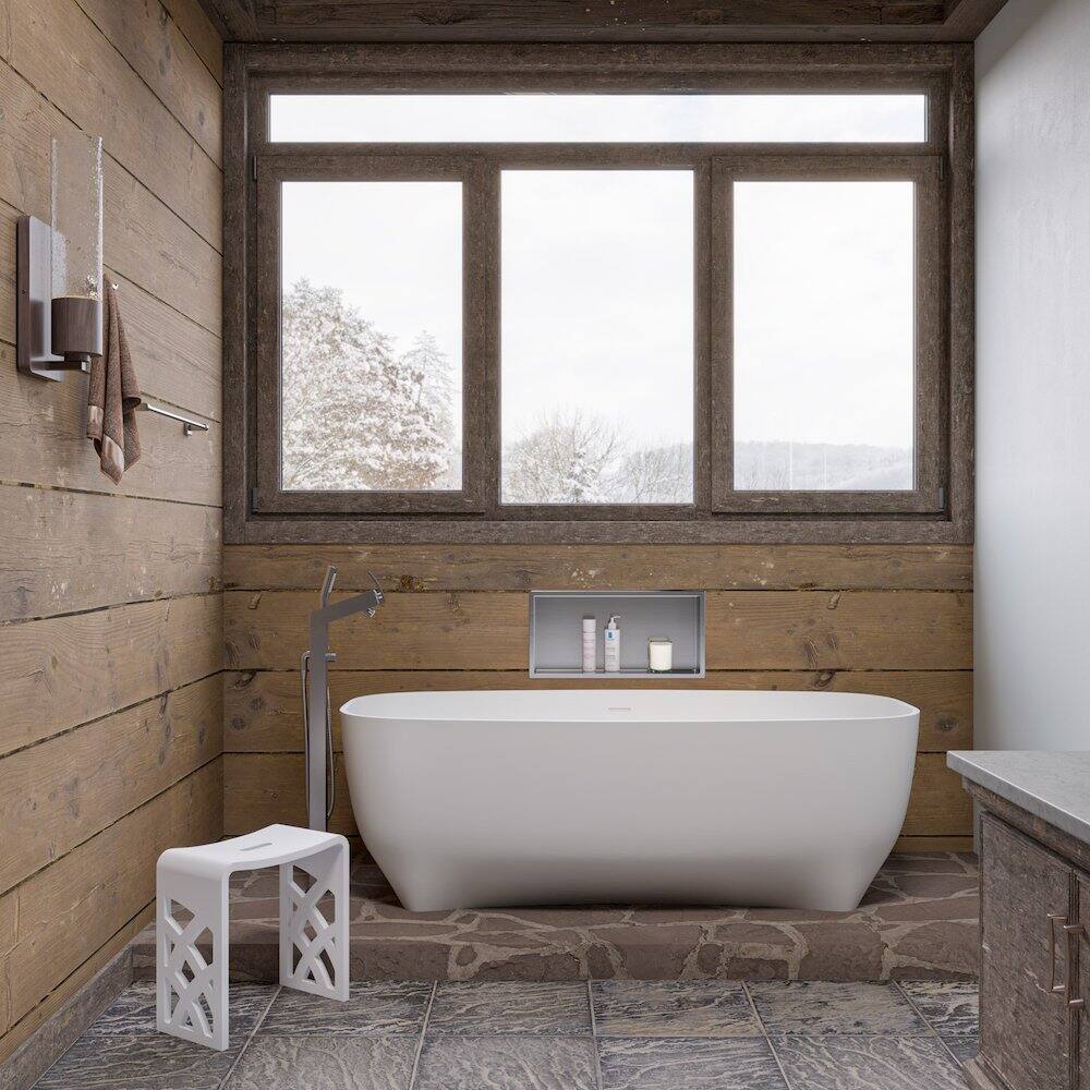 Back. Alfi - Designer White Matte Solid Surface Resin Bathroom / Shower Stool - White.