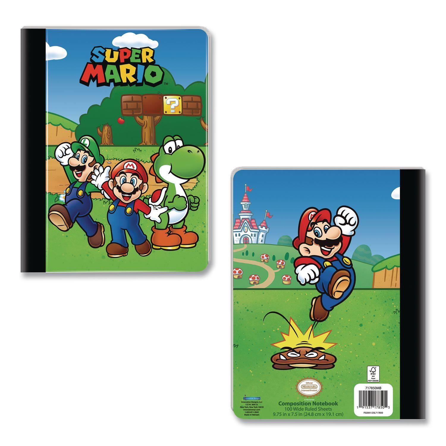 SUPER MARIO  
Composition Notebook  
100 Wide Ruled Sheets  
9.75 in x 7.5 in (24.8 cm x 19.1 cm)  
717850MB  
Nintendo  
Made in China